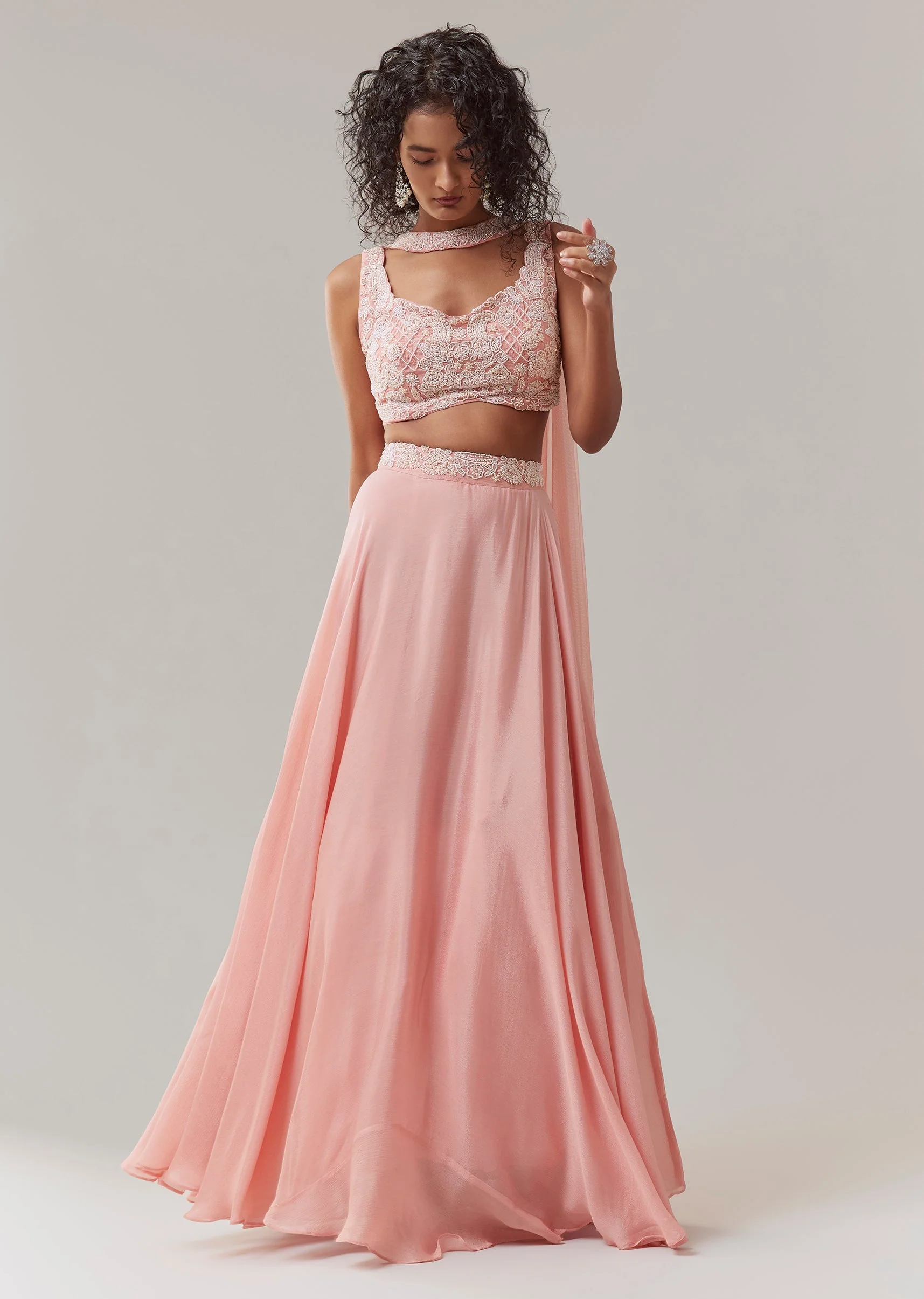 Baby Pink Chinon Silk Lehenga Set - Image 3