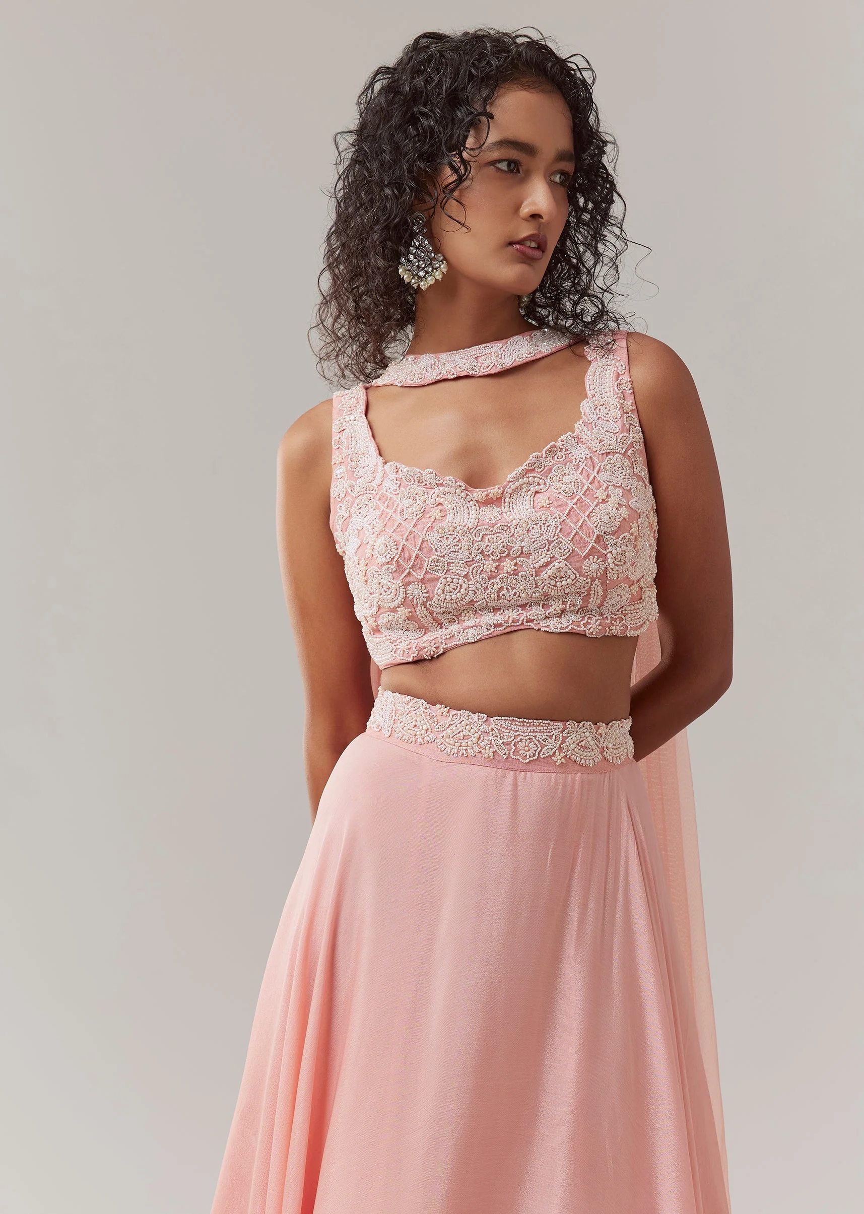 Baby Pink Chinon Silk Lehenga Set - Image 4