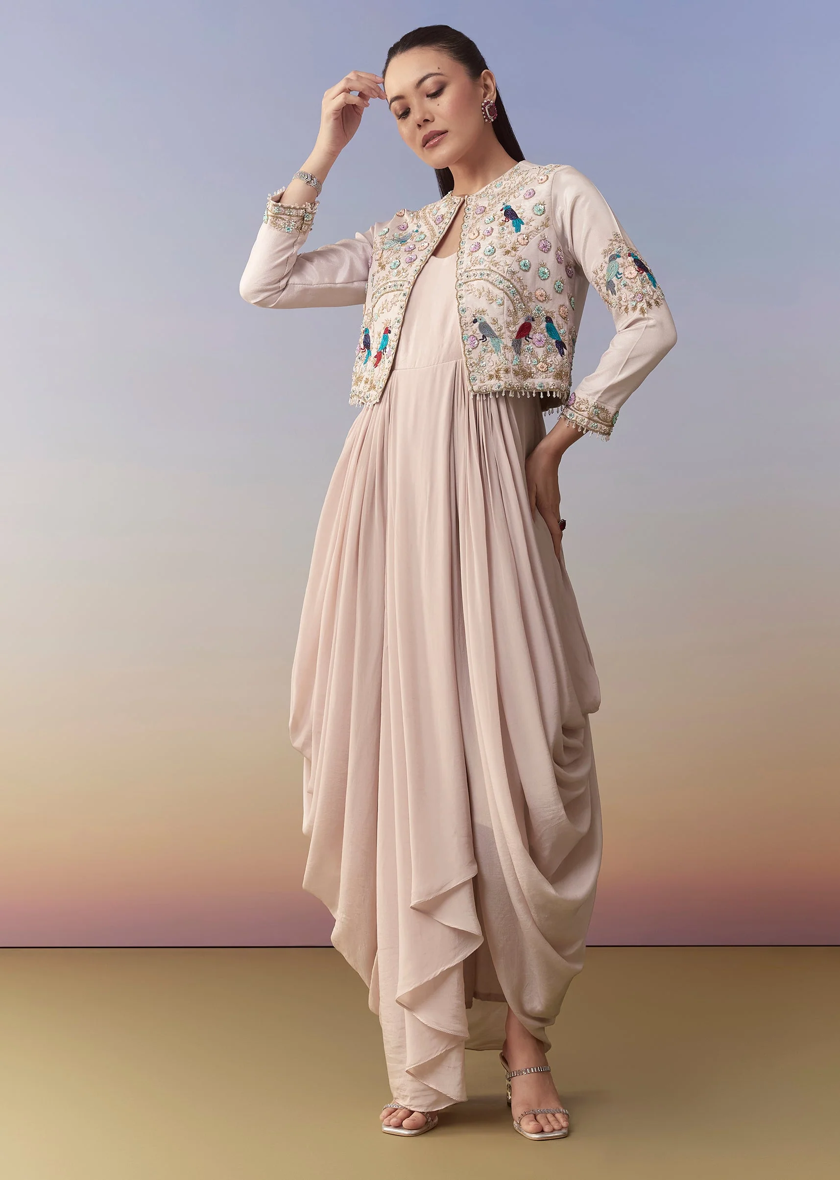 Baby Pink Cowl Draped Sequin Gown and Jacket Set - Image 3