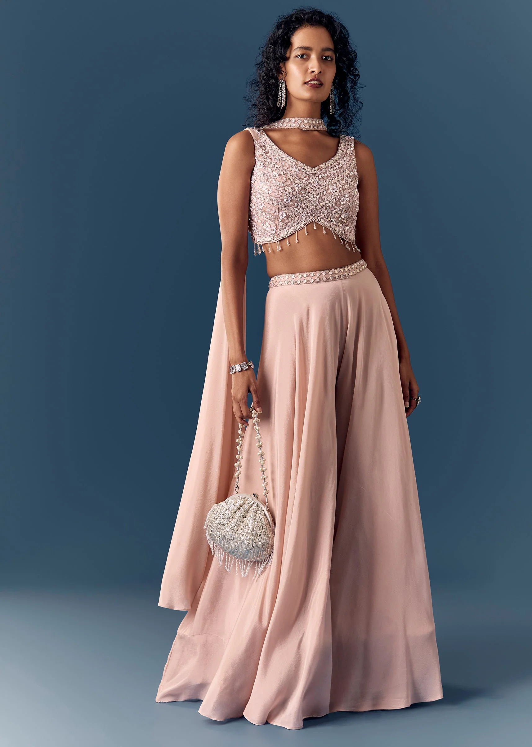 Baby Pink Embellished Croptop Palazzo Set With Dupatta