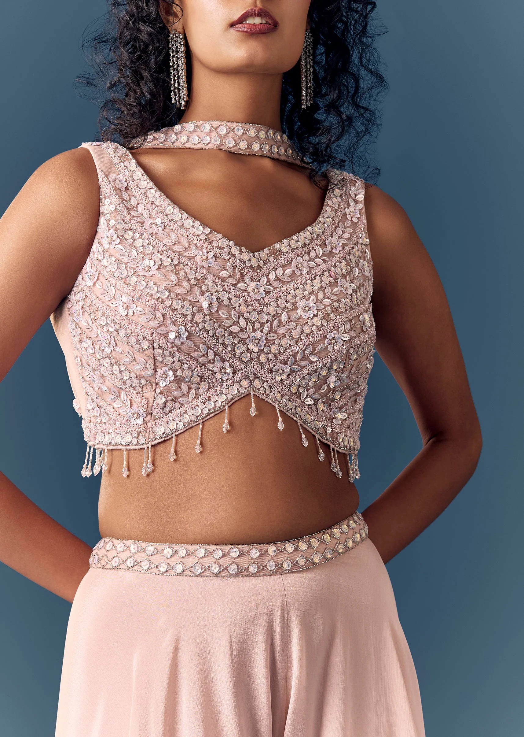 Baby Pink Embellished Croptop Palazzo Set With Dupatta - Image 2