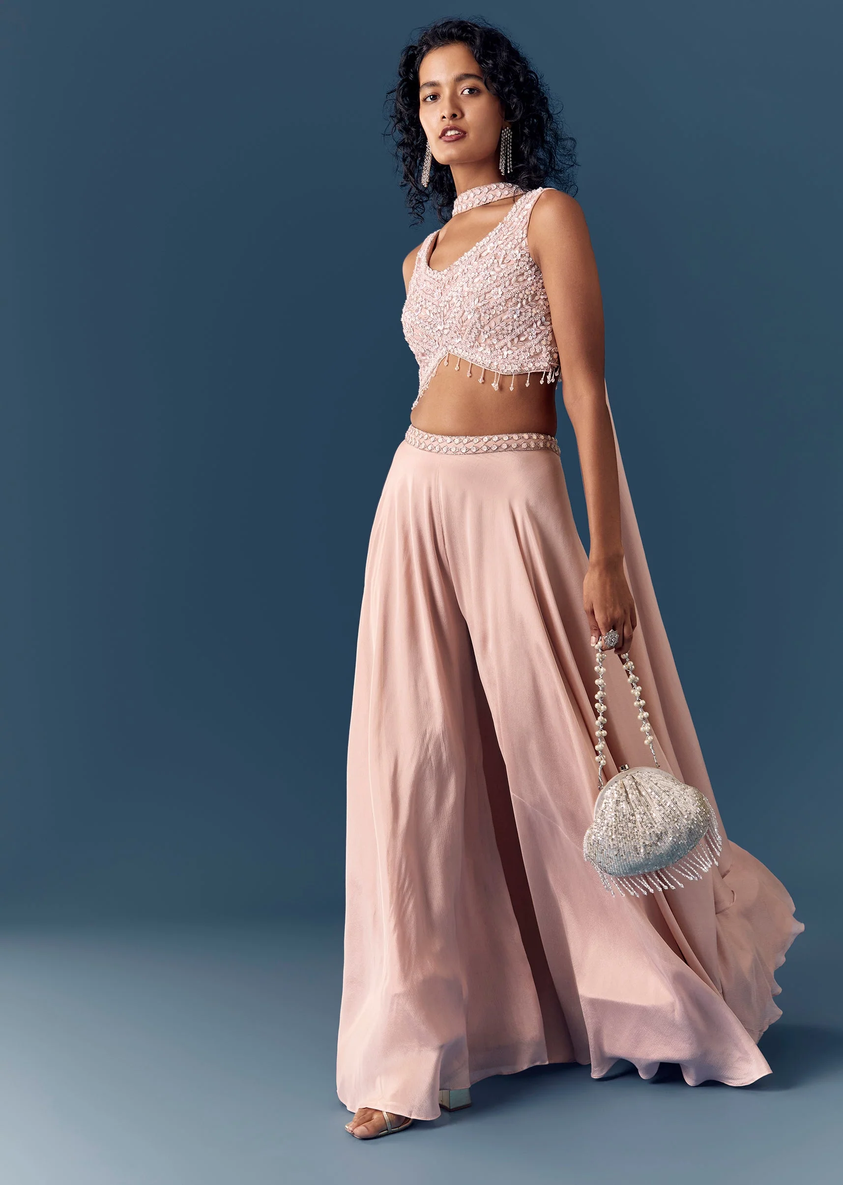 Baby Pink Embellished Croptop Palazzo Set With Dupatta - Image 3