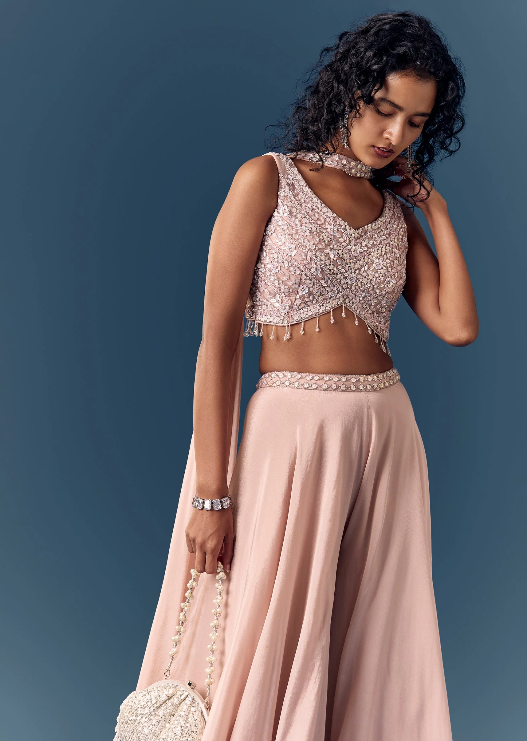 Baby Pink Embellished Croptop Palazzo Set With Dupatta - Image 4