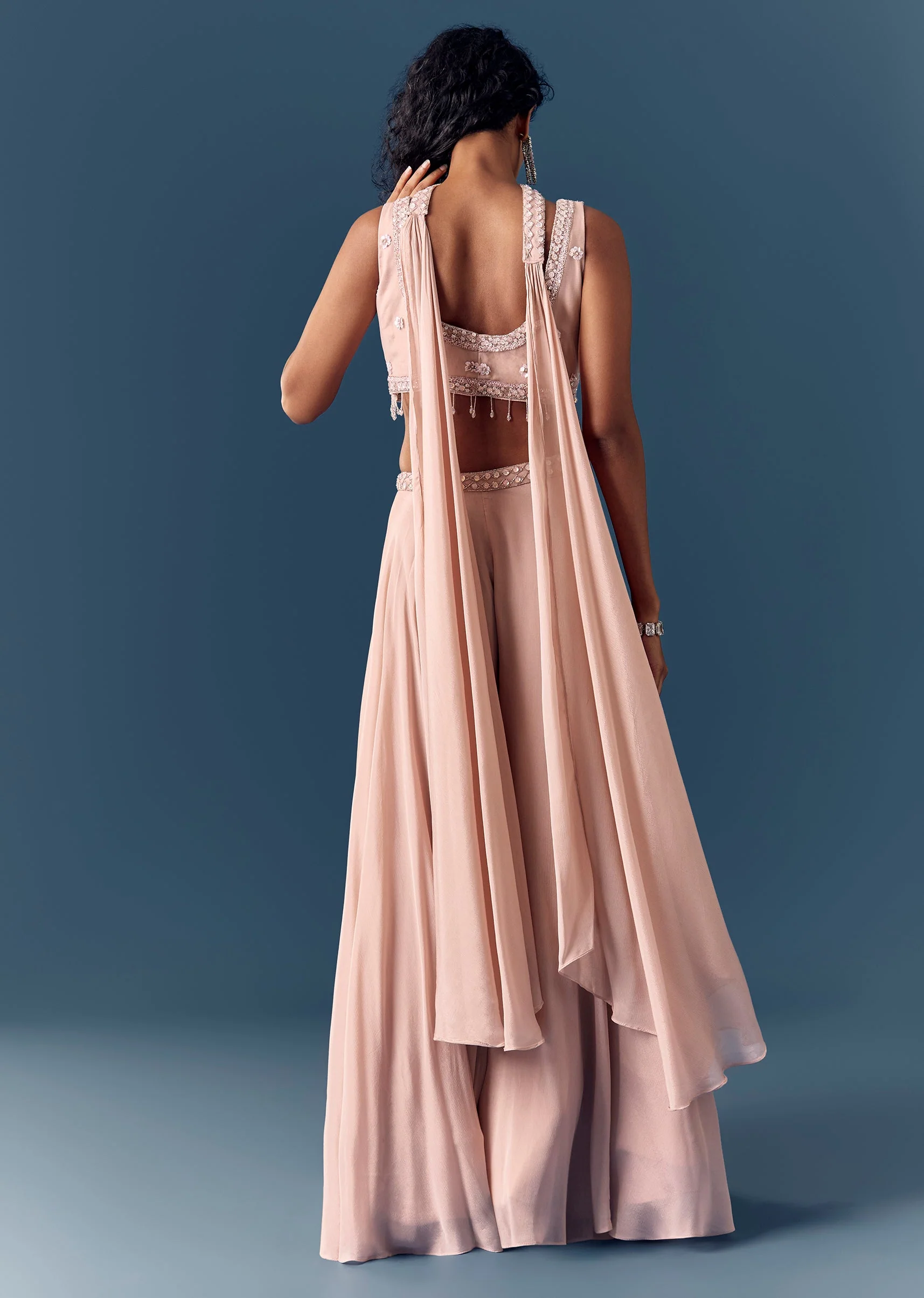 Baby Pink Embellished Croptop Palazzo Set With Dupatta - Image 5
