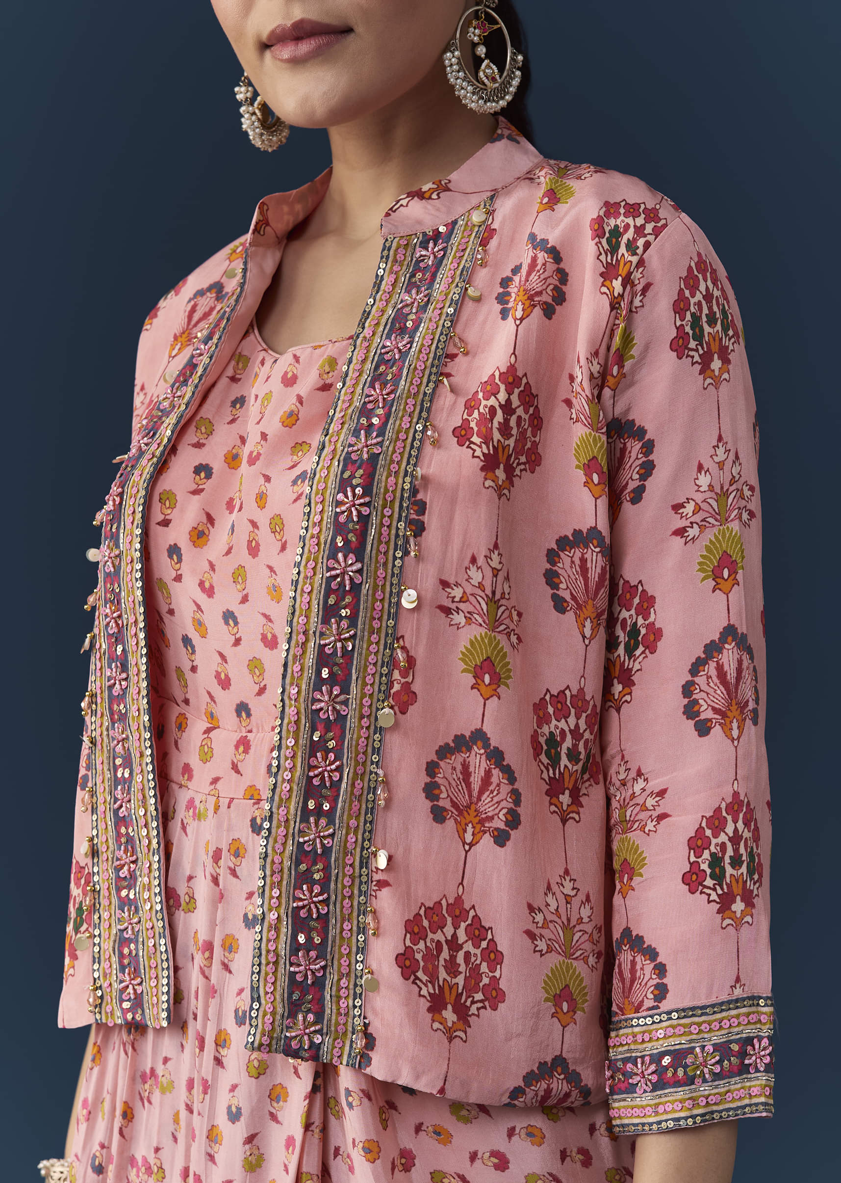 Baby Pink Floral Print Draped Gown with Sequins Jacket - Image 2