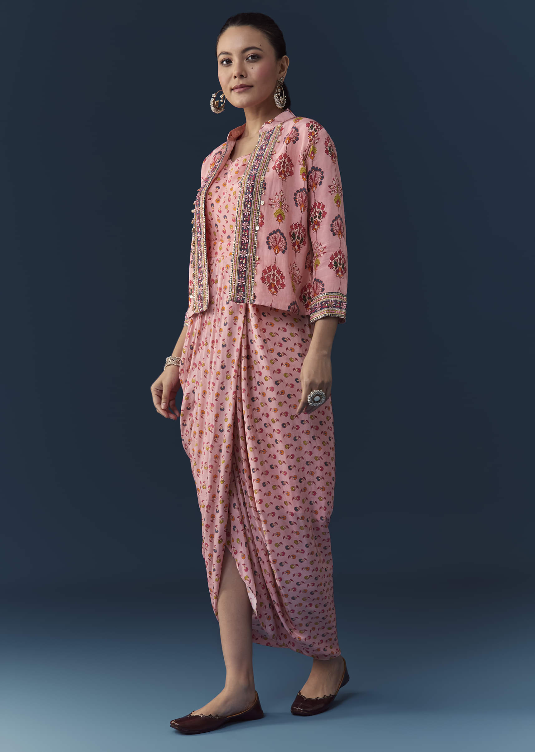 Baby Pink Floral Print Draped Gown with Sequins Jacket - Image 3