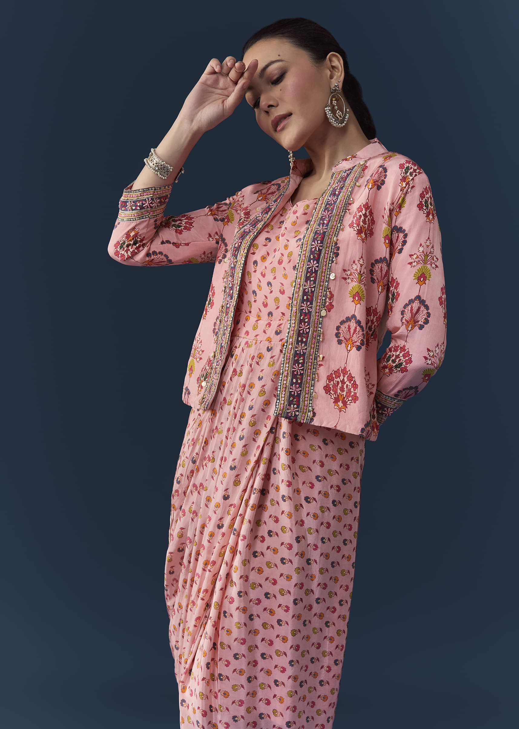 Baby Pink Floral Print Draped Gown with Sequins Jacket - Image 4