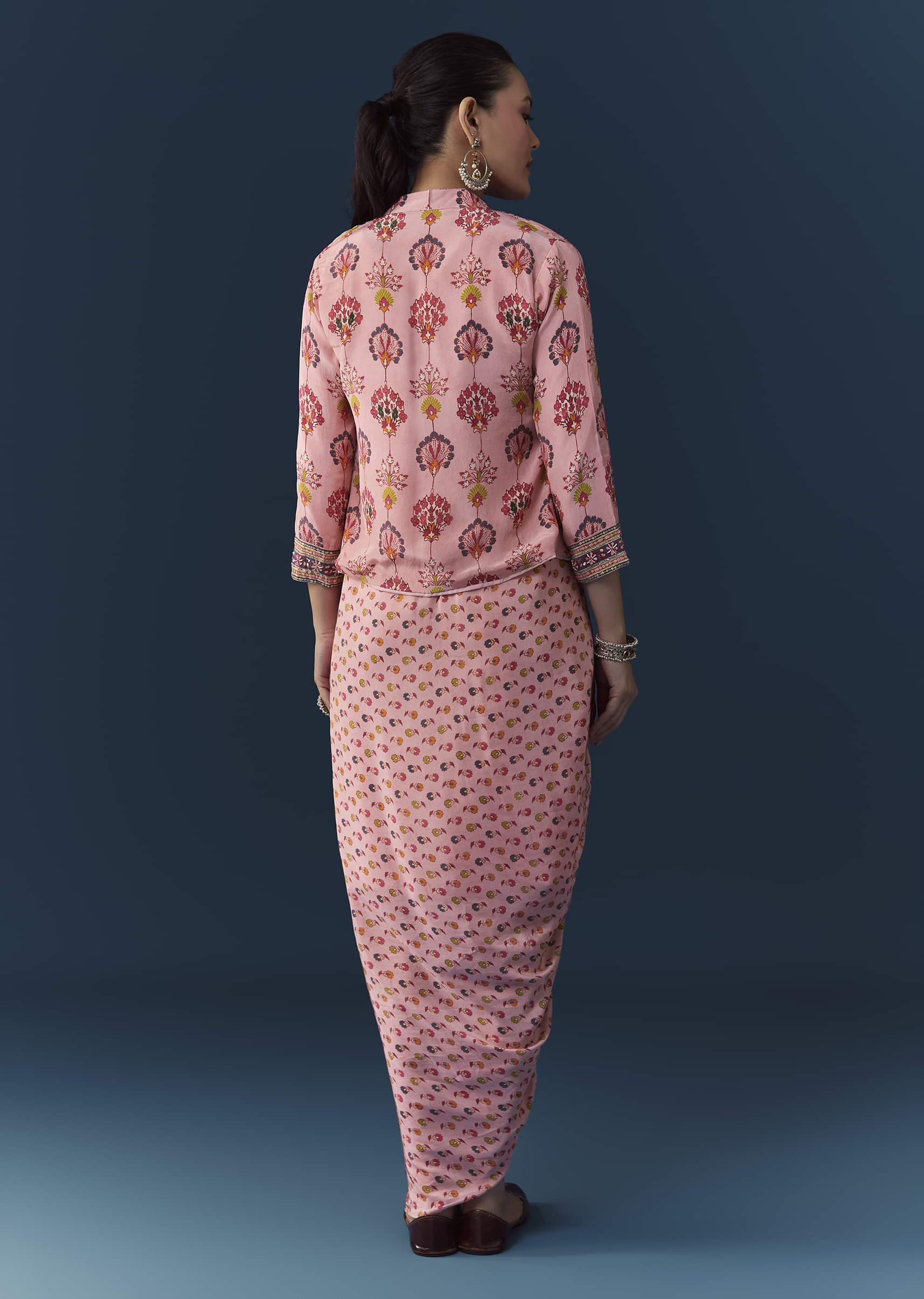 Baby Pink Floral Print Draped Gown with Sequins Jacket - Image 5