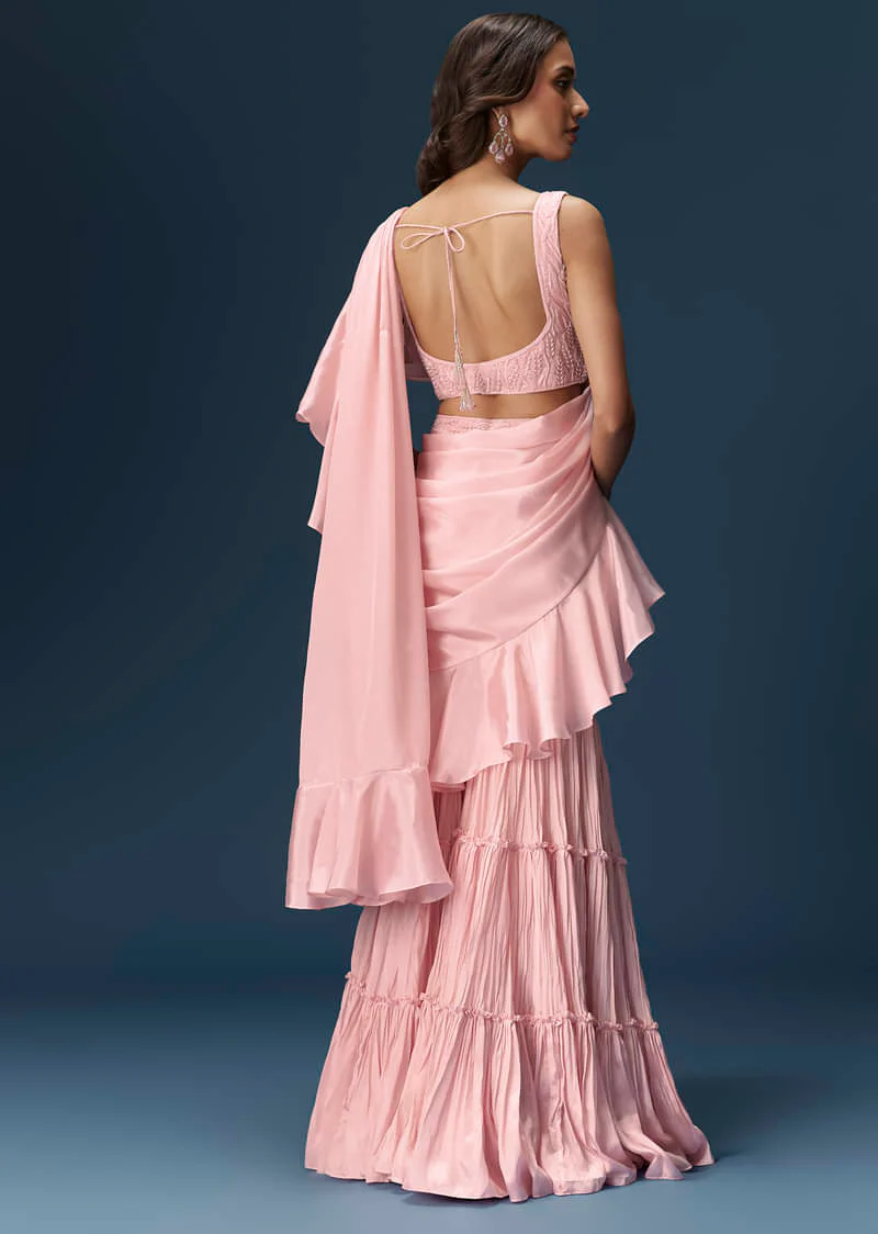 Baby Pink Frill Saree With Fancy Blouse - Image 2