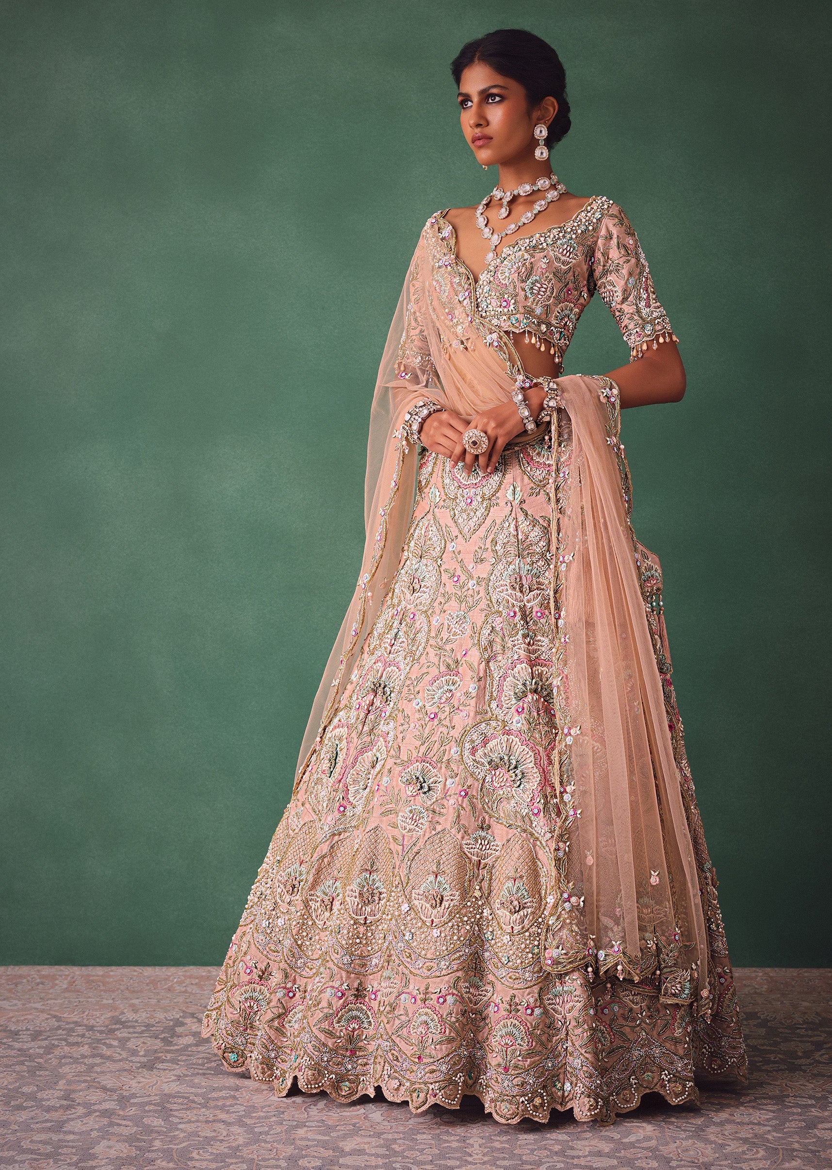 Baby Pink Jaal Work Lehenga With Sweetheart Neck Blouse And Embroidered Dupatta - Image 3