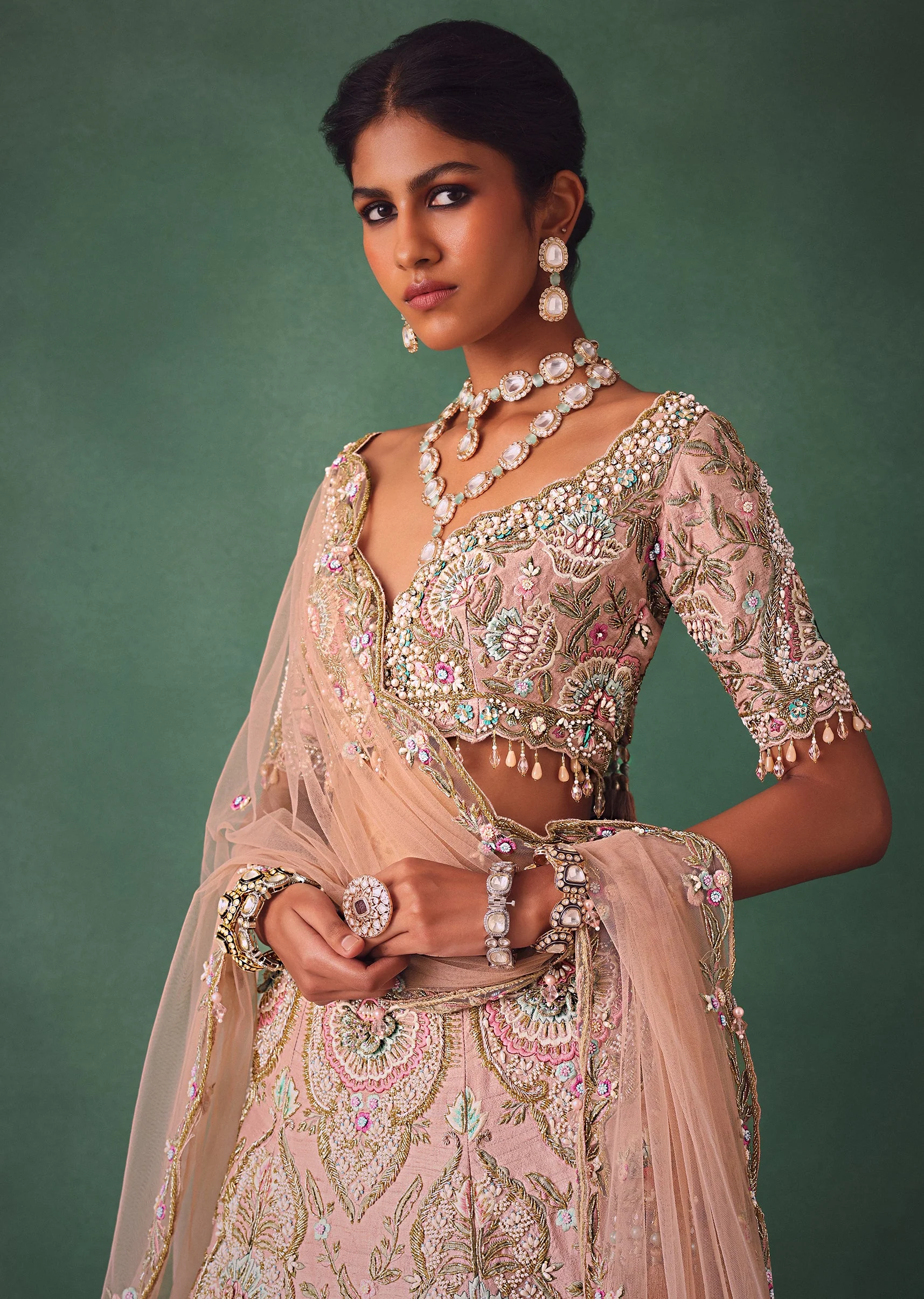 Baby Pink Jaal Work Lehenga With Sweetheart Neck Blouse And Embroidered Dupatta - Image 5