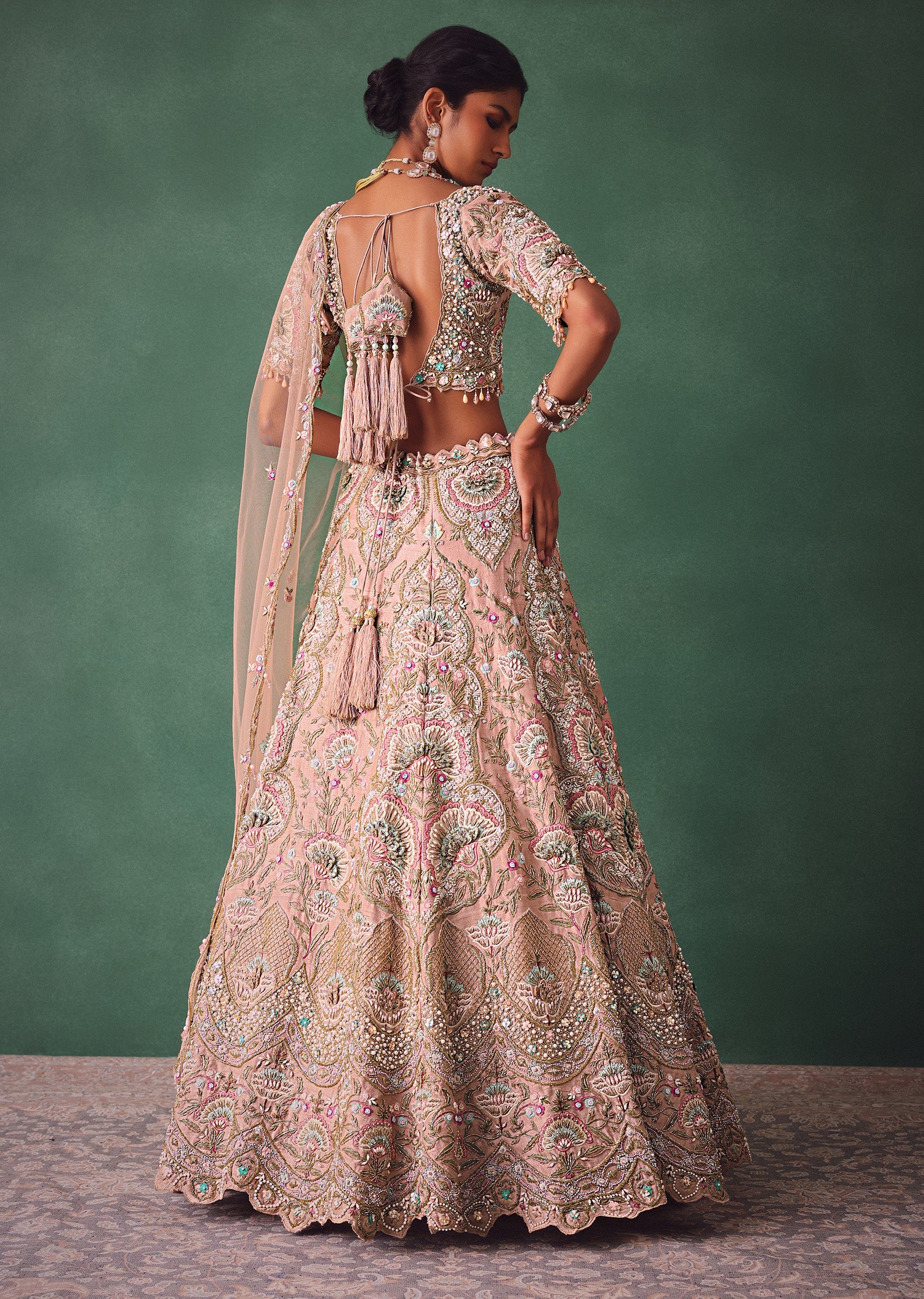 Baby Pink Jaal Work Lehenga With Sweetheart Neck Blouse And Embroidered Dupatta - Image 6