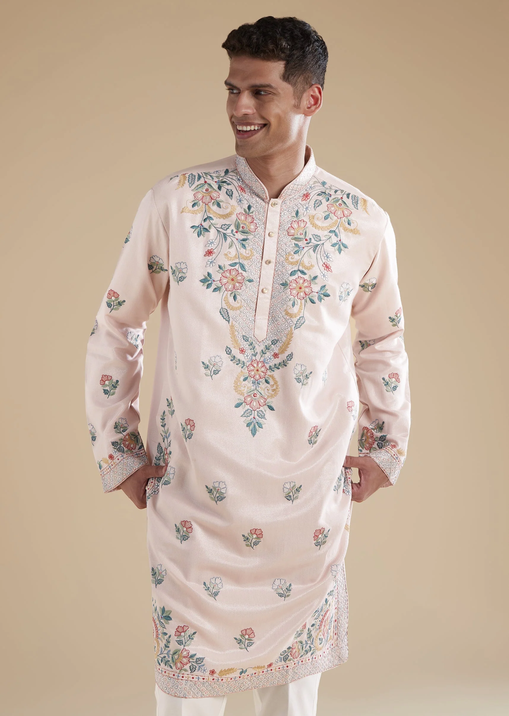 Baby Pink Modal Mens Kurta Set with Thread Resham Detail Work - Image 4