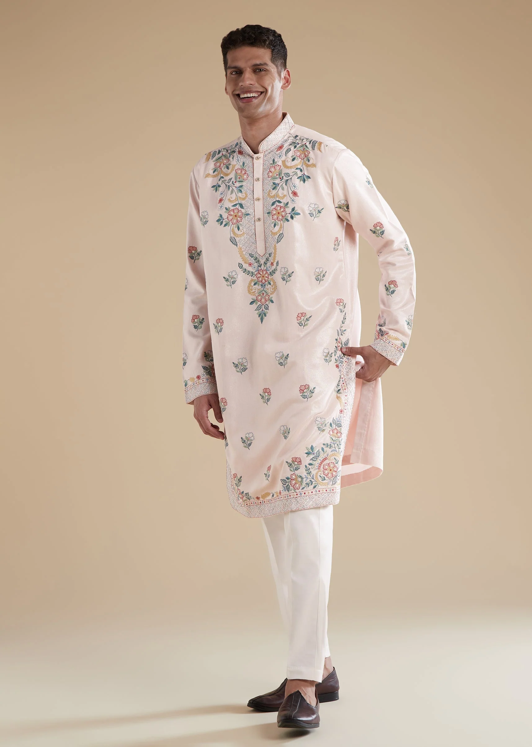Baby Pink Modal Mens Kurta Set with Thread Resham Detail Work - Image 5