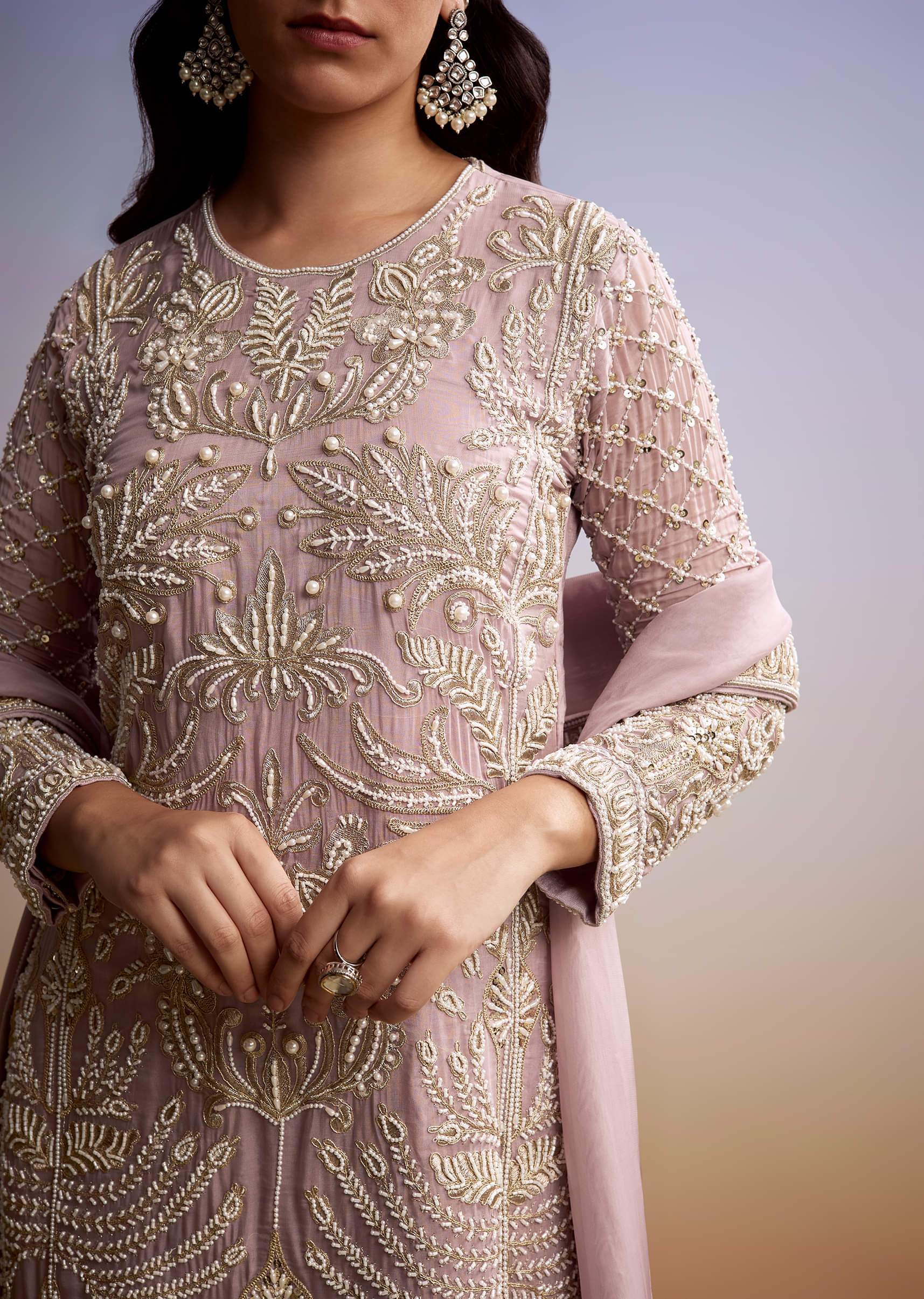 Baby Pink Organza Palazzo Suit With Zari And Moti Work - Image 2