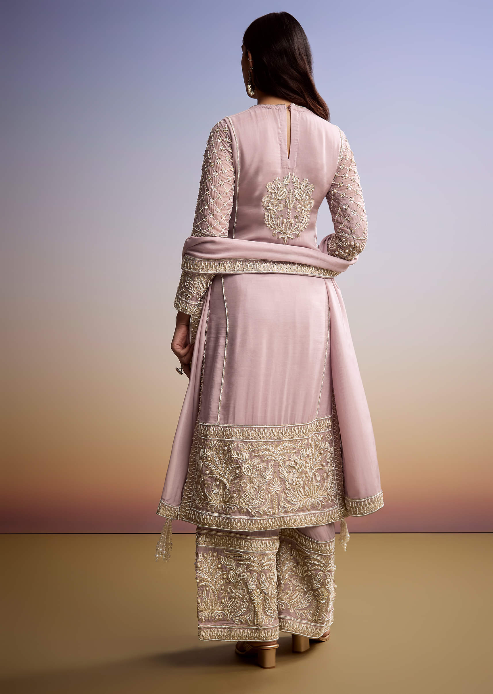 Baby Pink Organza Palazzo Suit With Zari And Moti Work - Image 5