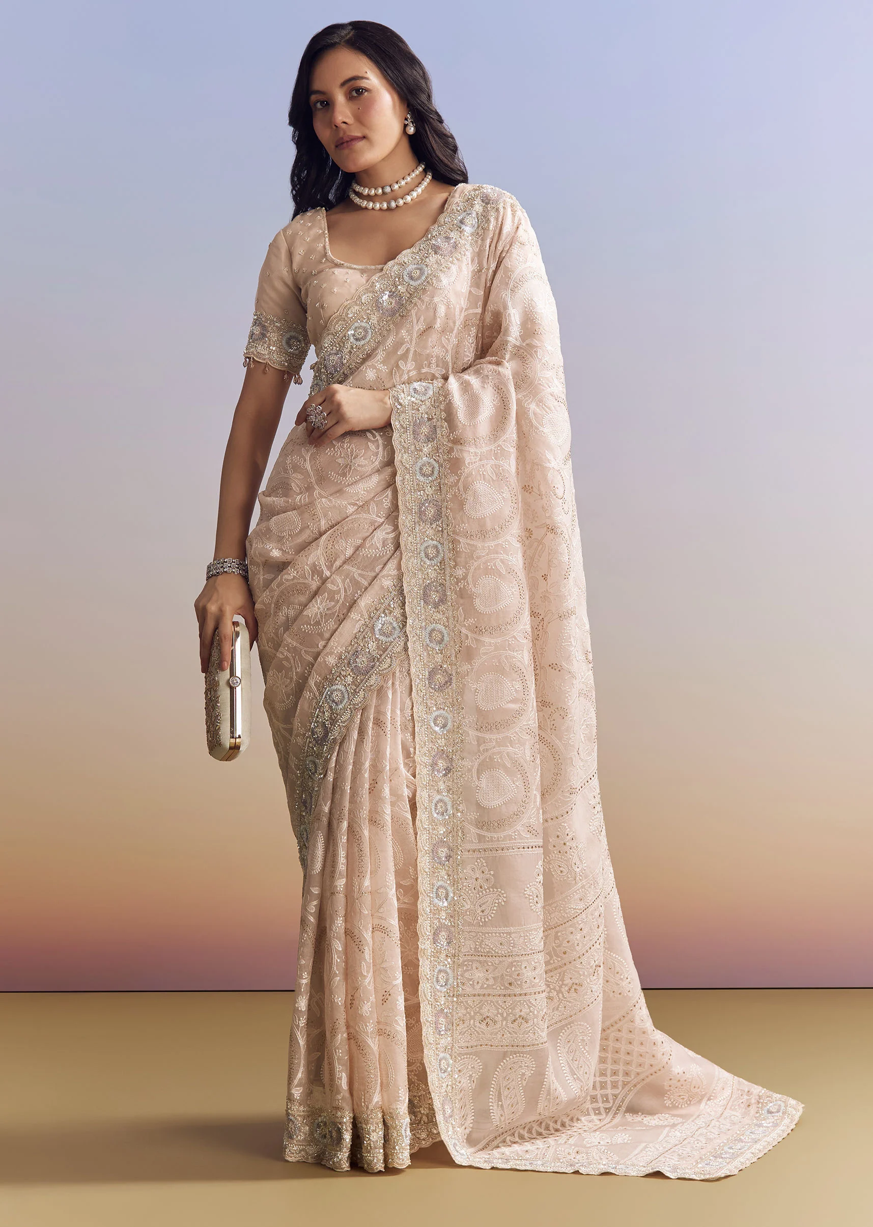 Baby Pink Organza Saree With Chikankari Threadwork And Beaded Embroidery - Image 5