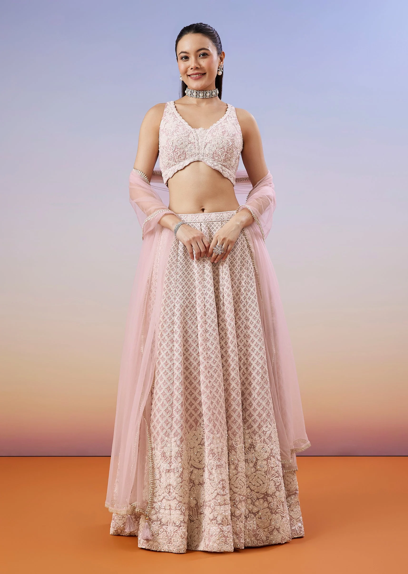 Baby Pink Pastel Lehenga With Thread And Bead Work - Image 4