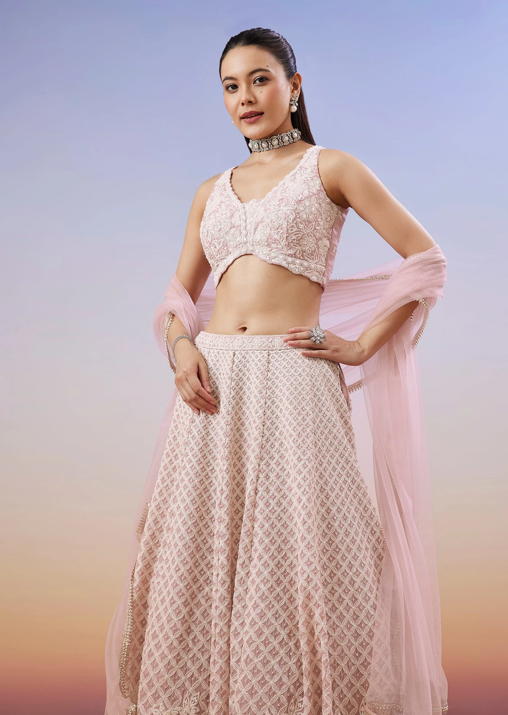 Baby Pink Pastel Lehenga With Thread And Bead Work - Image 5