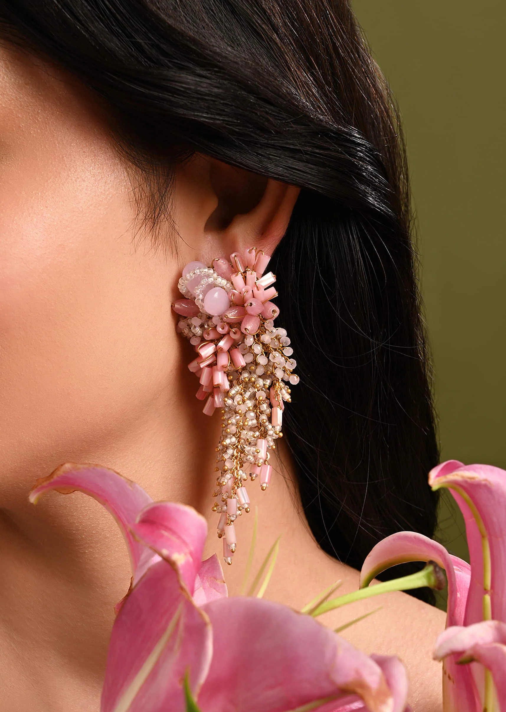 Baby Pink Shaded Gold Plated Chain Tassel Long Earrings