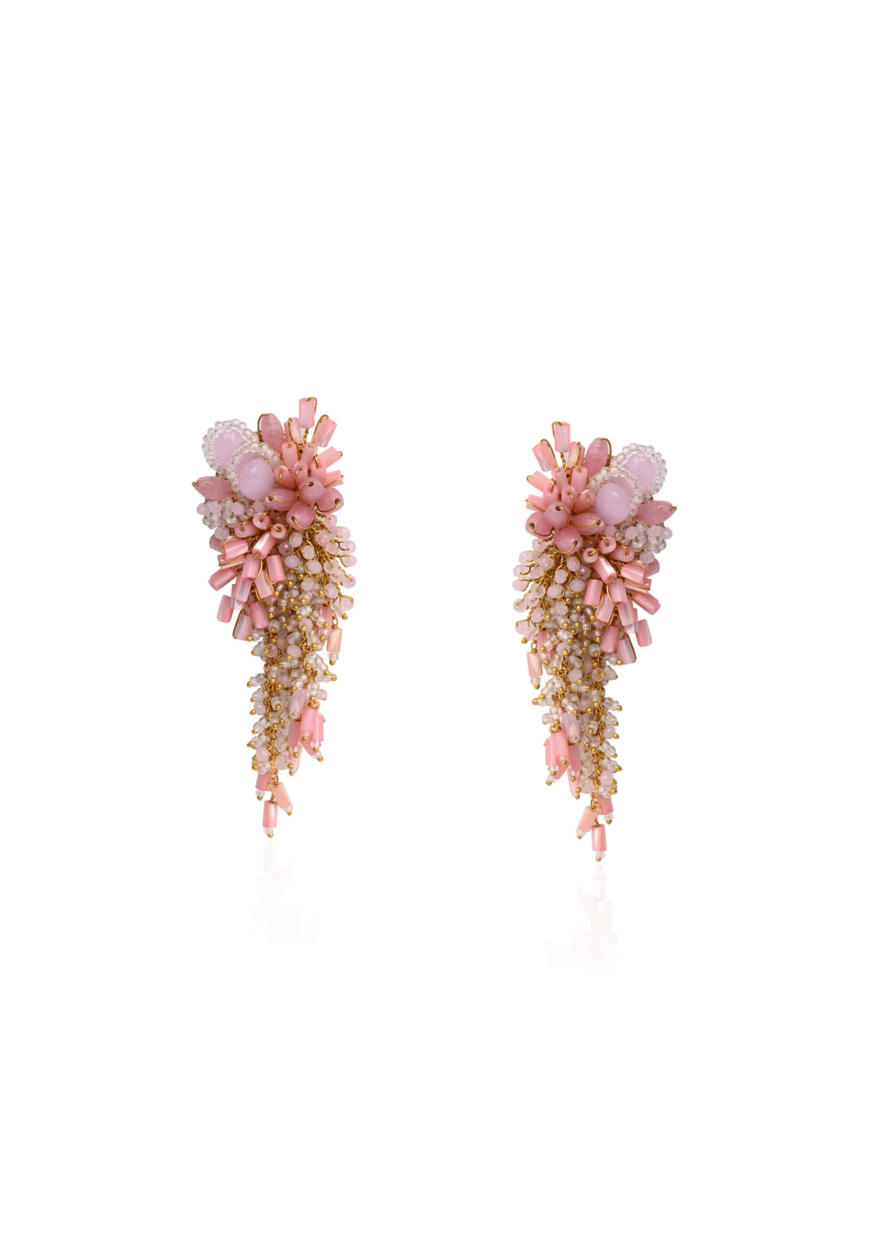 Baby Pink Shaded Gold Plated Chain Tassel Long Earrings - Image 3