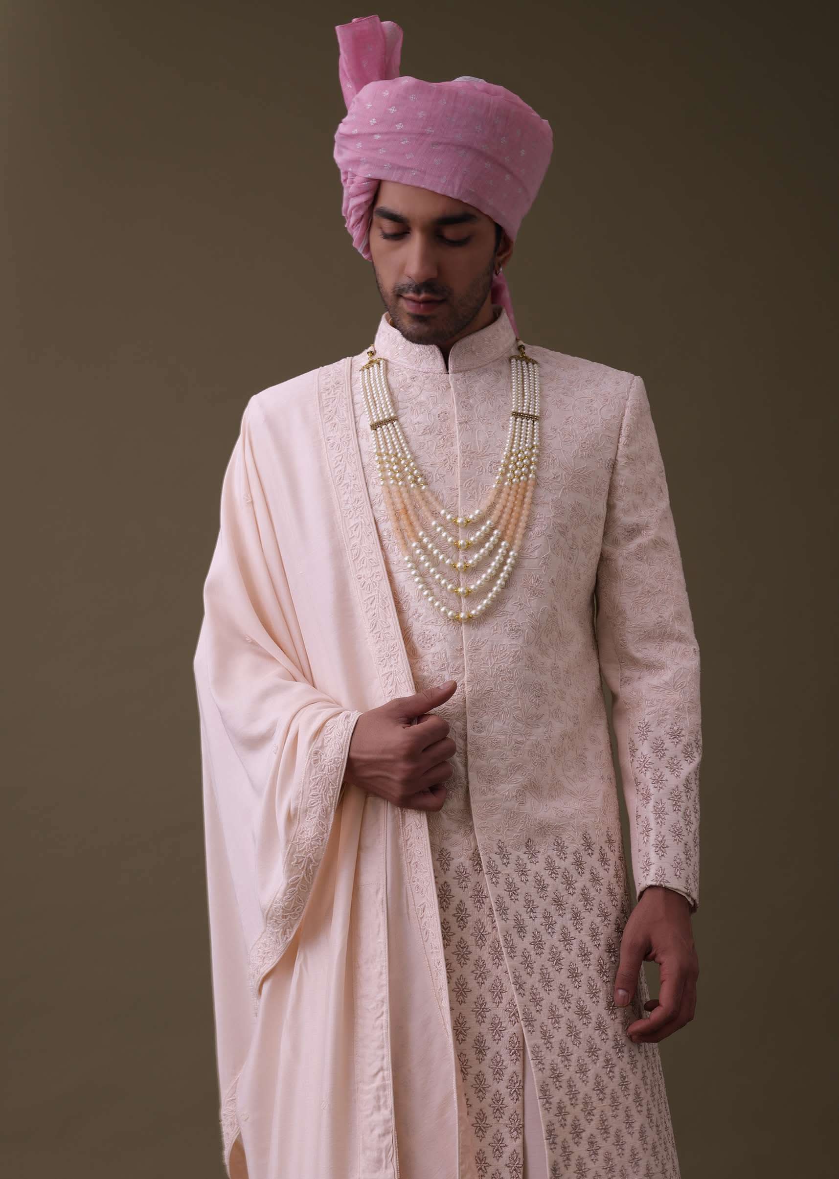 Baby Pink Sherwani Set In Raw Silk With Thread Work And Moti Embroidery - Image 2