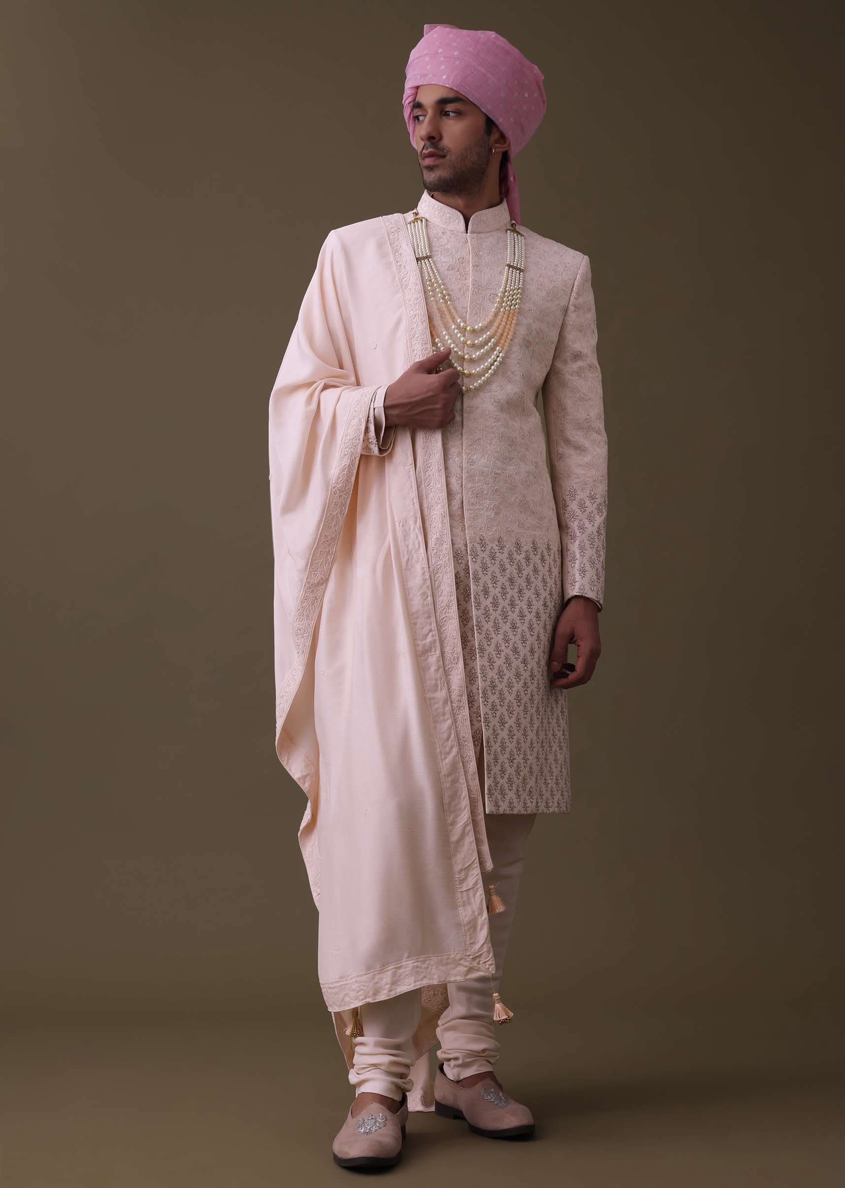 Baby Pink Sherwani Set In Raw Silk With Thread Work And Moti Embroidery - Image 3