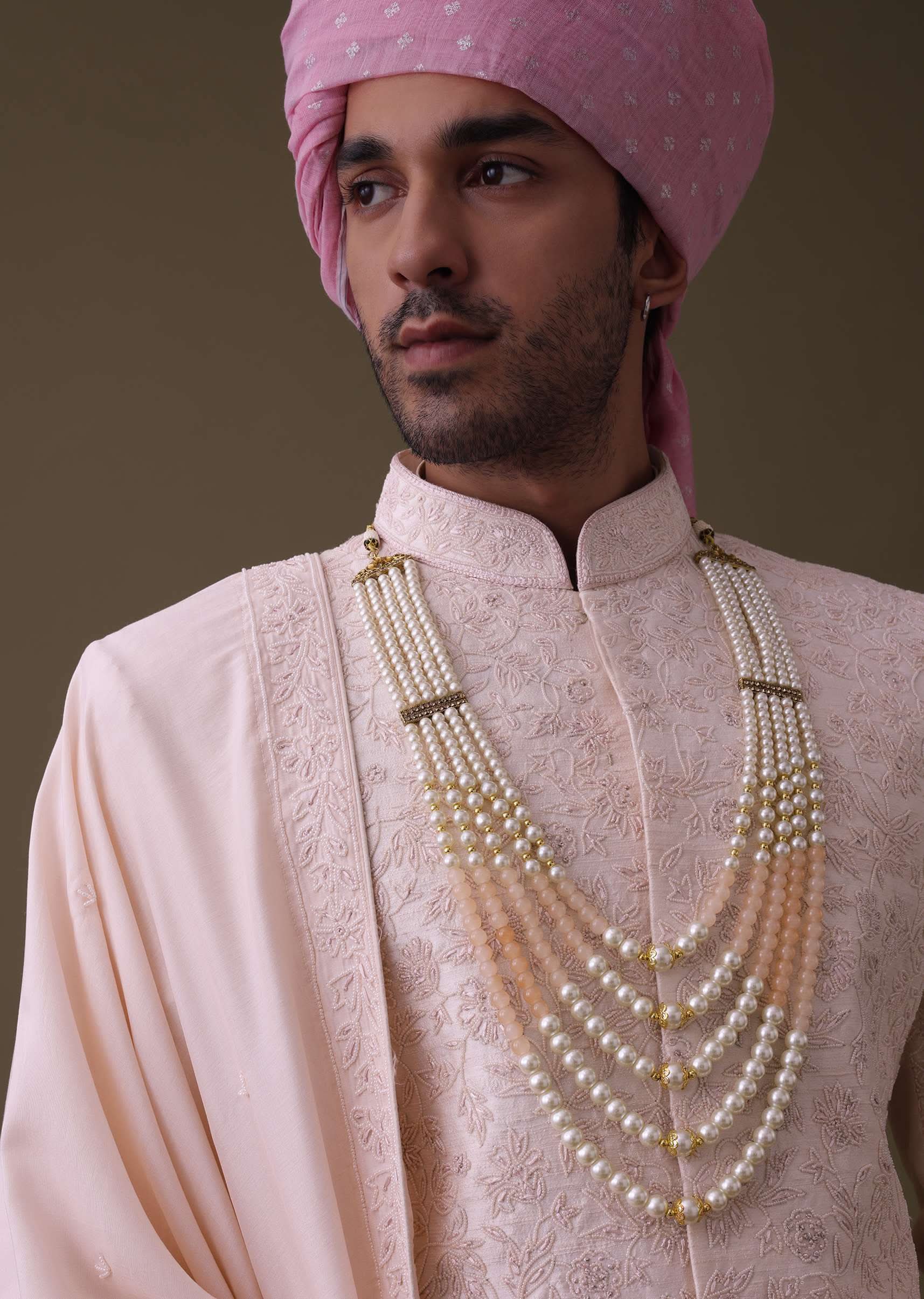 Baby Pink Sherwani Set In Raw Silk With Thread Work And Moti Embroidery - Image 4