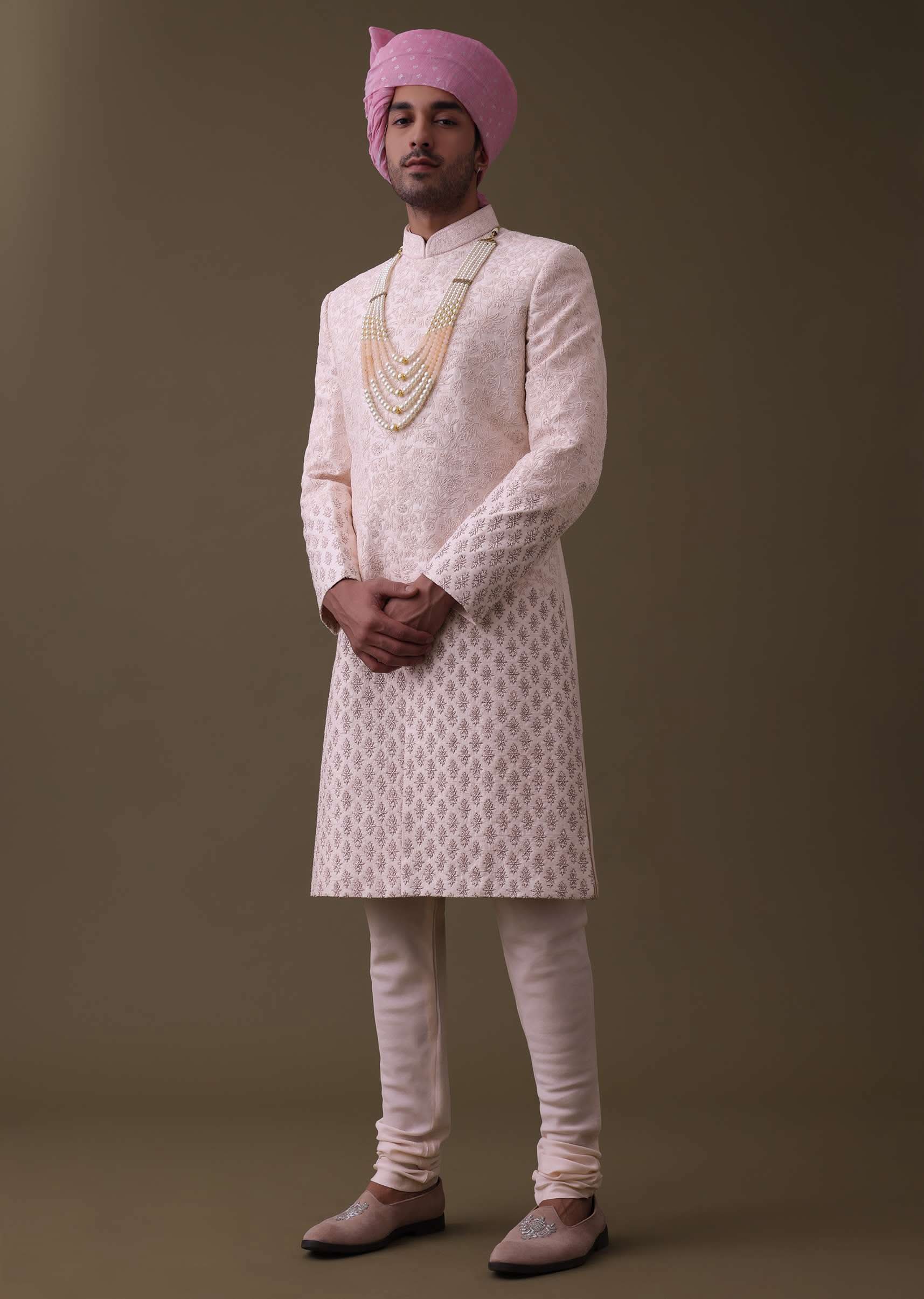 Baby Pink Sherwani Set In Raw Silk With Thread Work And Moti Embroidery - Image 5