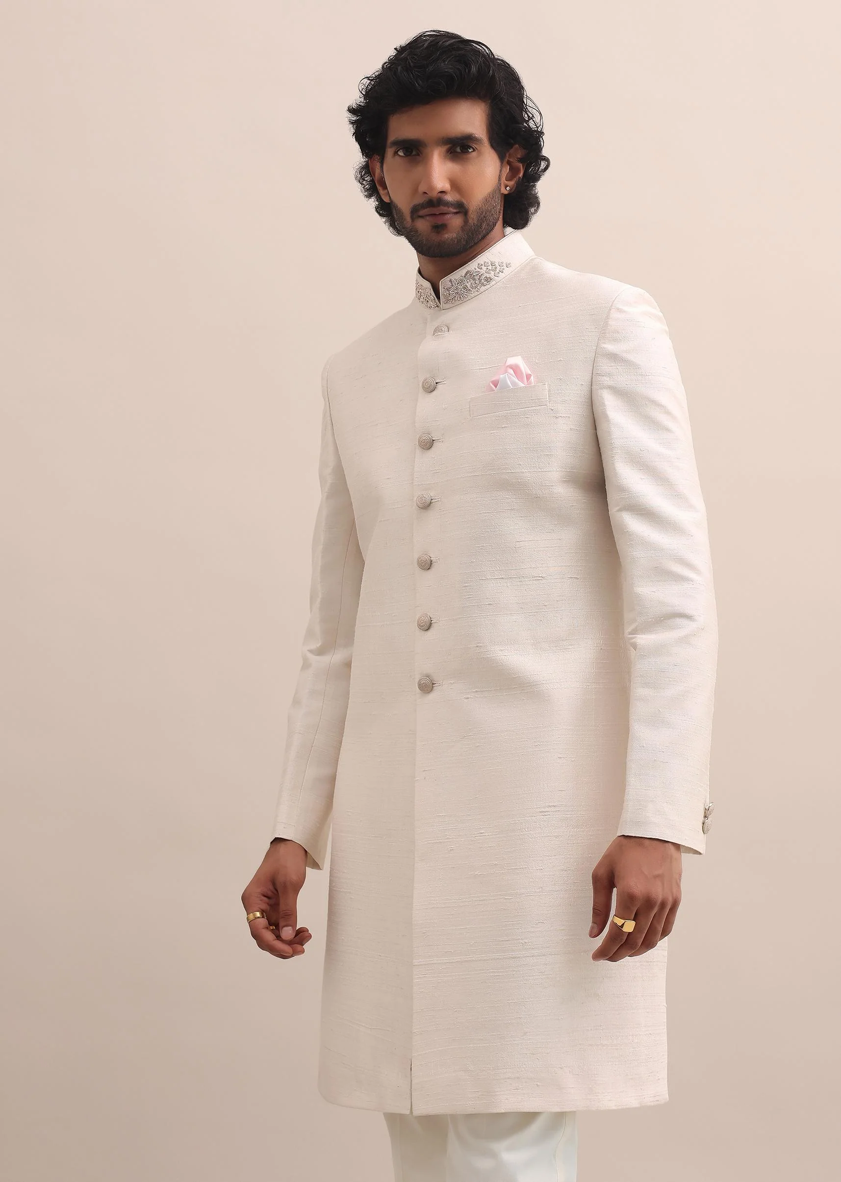 Baby Pink Sherwani With Cutdana Embroidered Collar For Men - Image 3