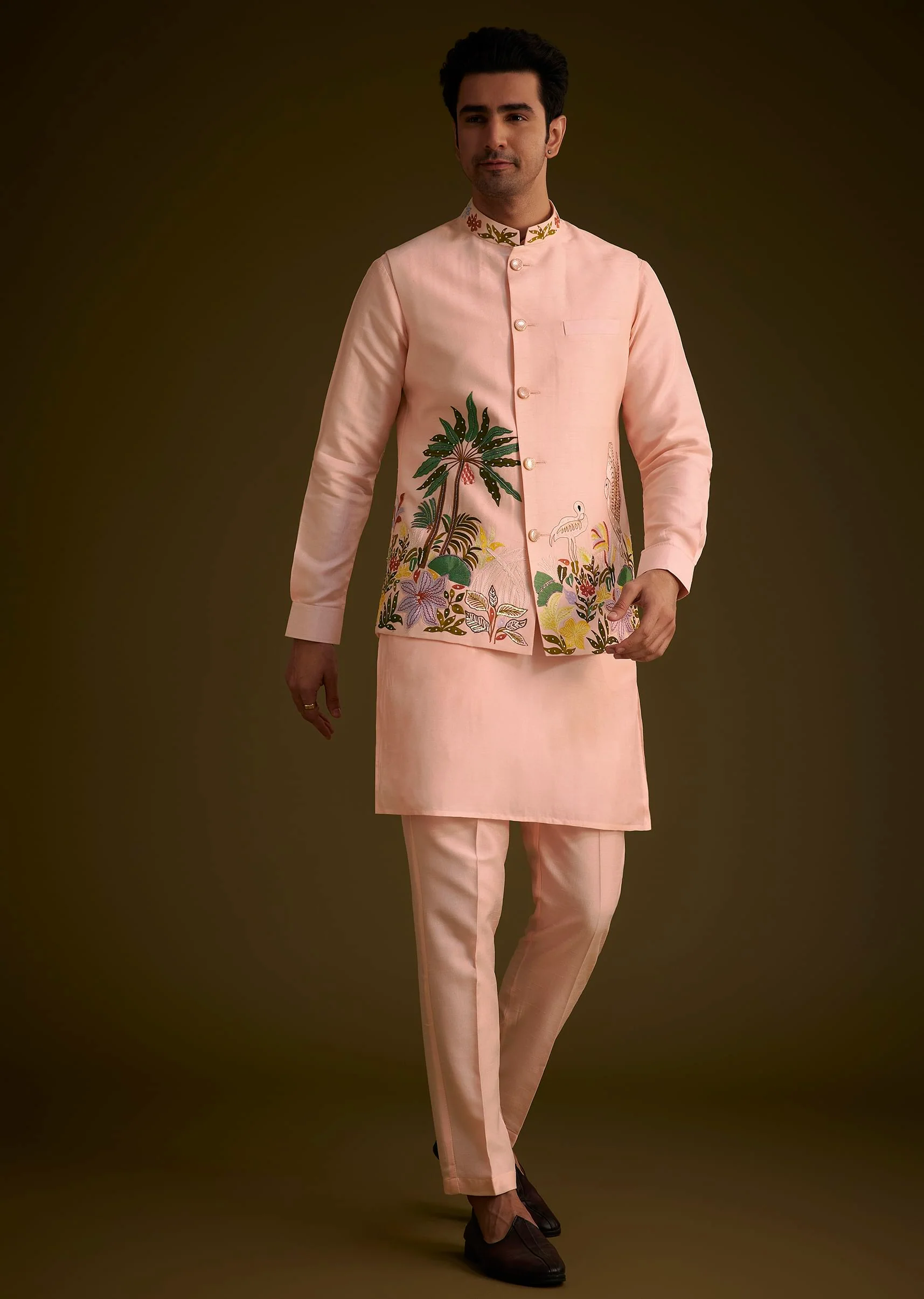 Baby Pink Silk Jacket Set With Nature Themed Patch Work