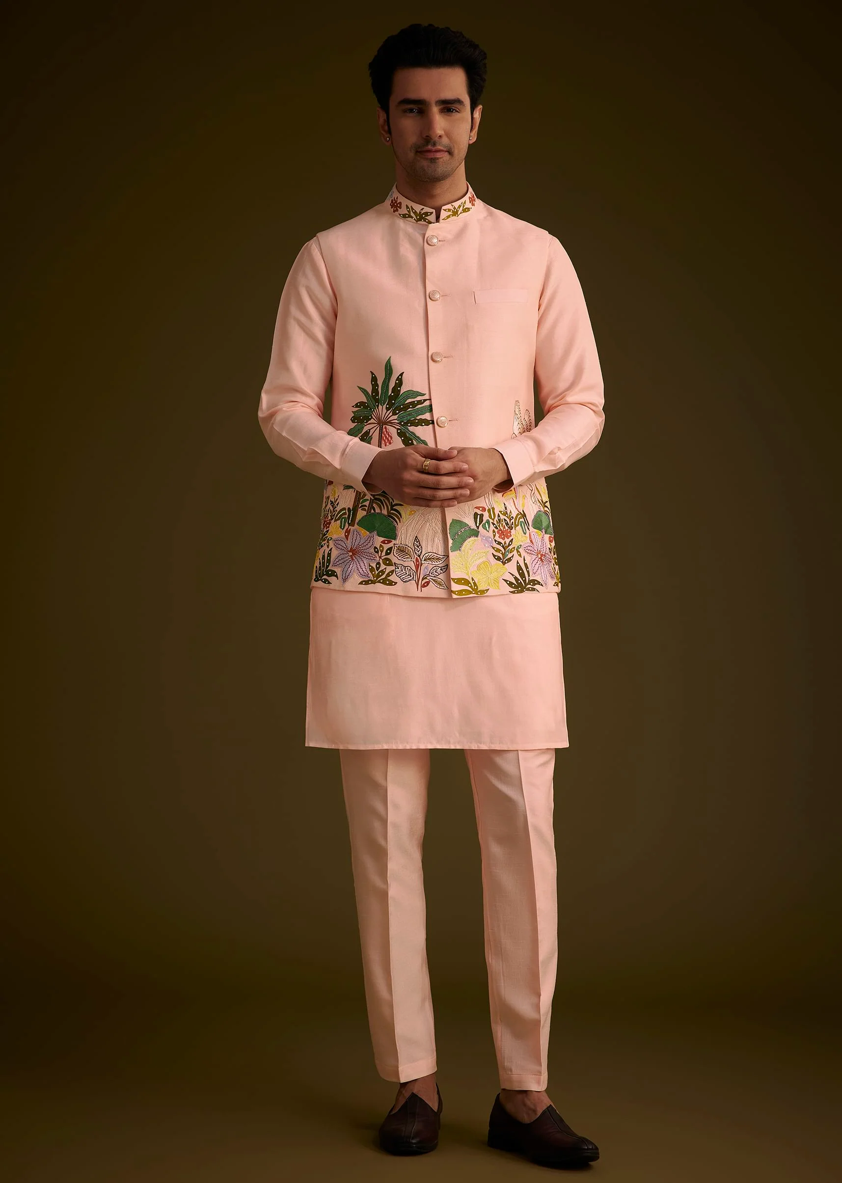 Baby Pink Silk Jacket Set With Nature Themed Patch Work - Image 3