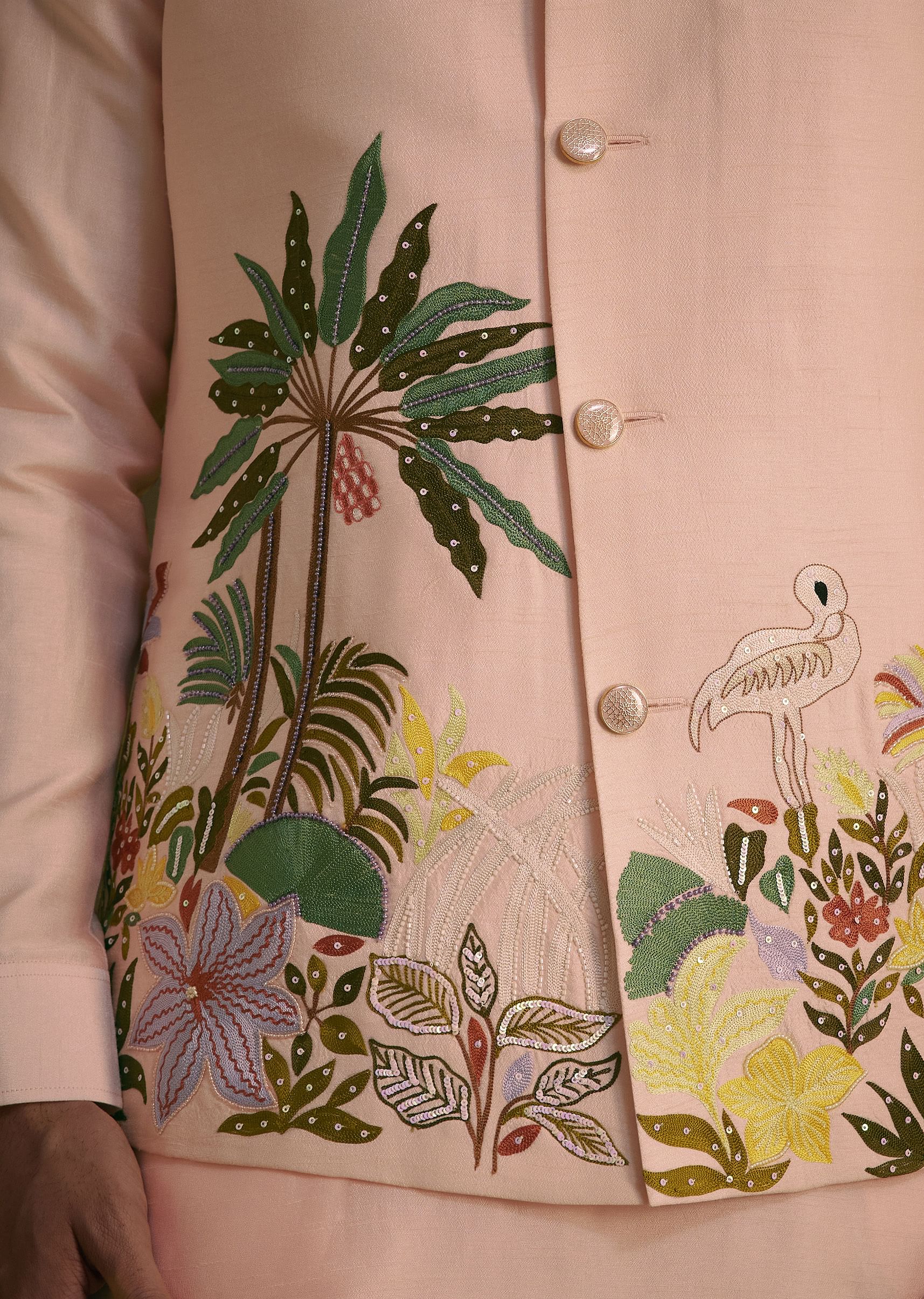 Baby Pink Silk Jacket Set With Nature Themed Patch Work - Image 4