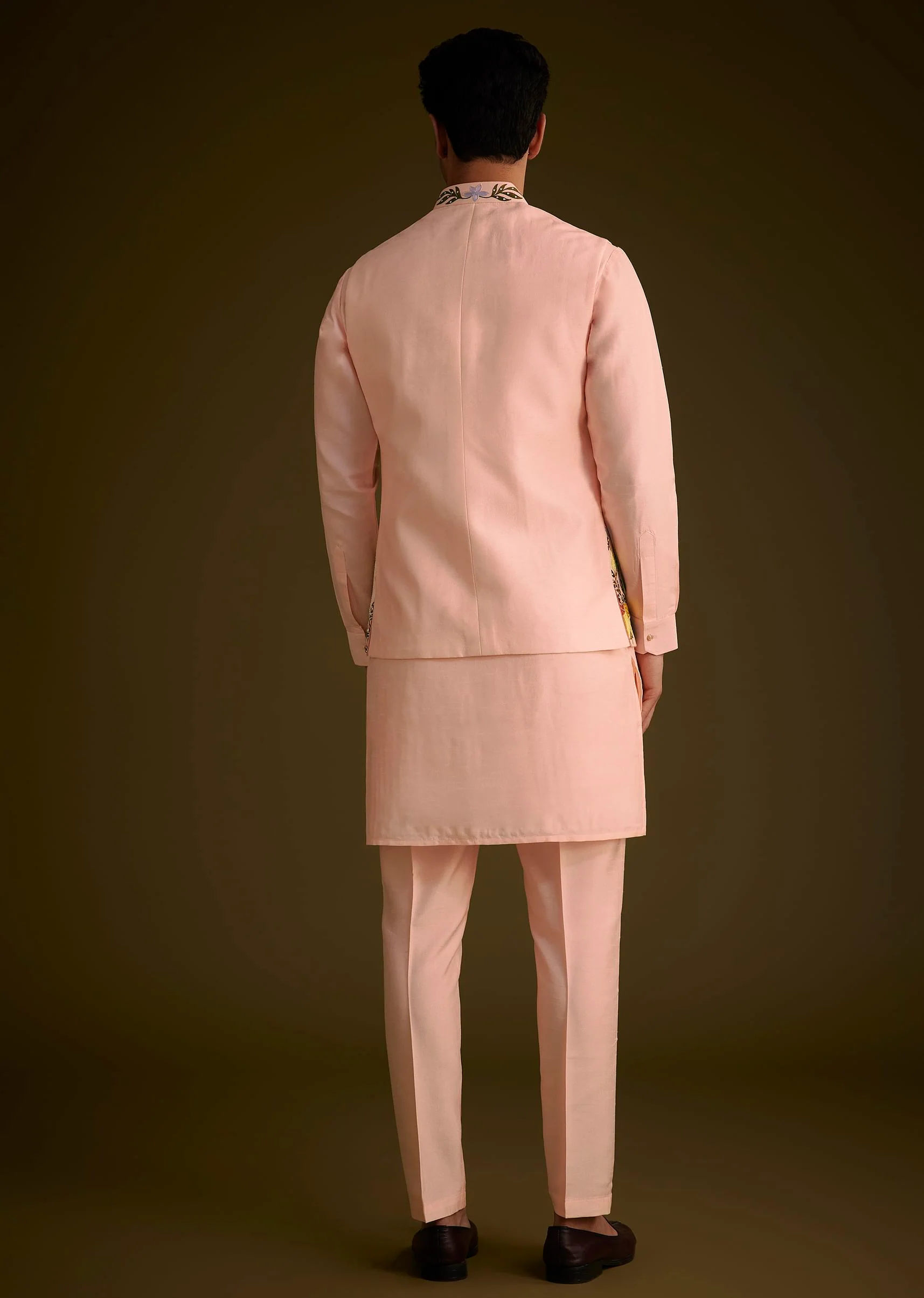 Baby Pink Silk Jacket Set With Nature Themed Patch Work - Image 5