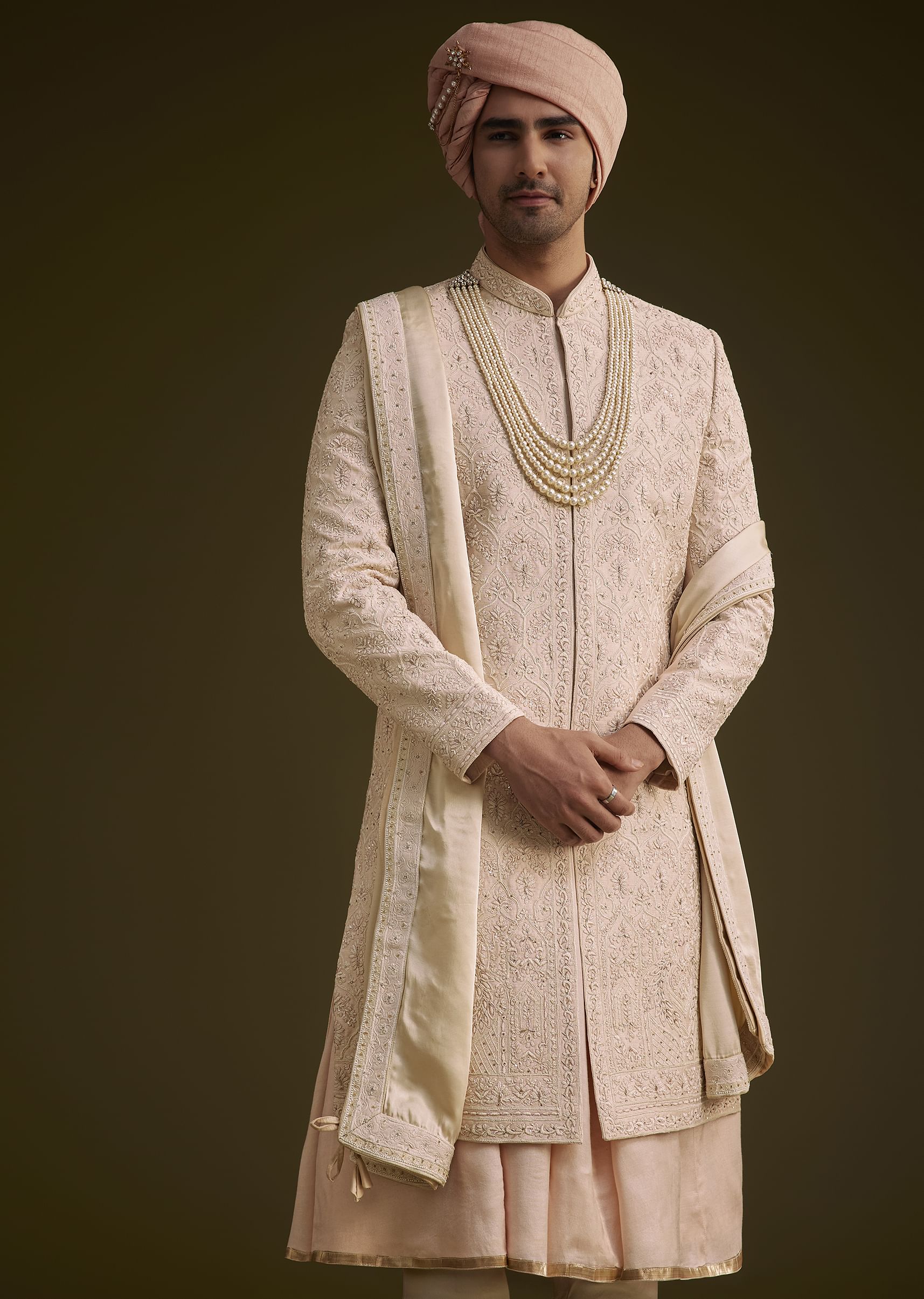 Baby Pink Silk Sherwani Set With Resham Embroidery - Image 5
