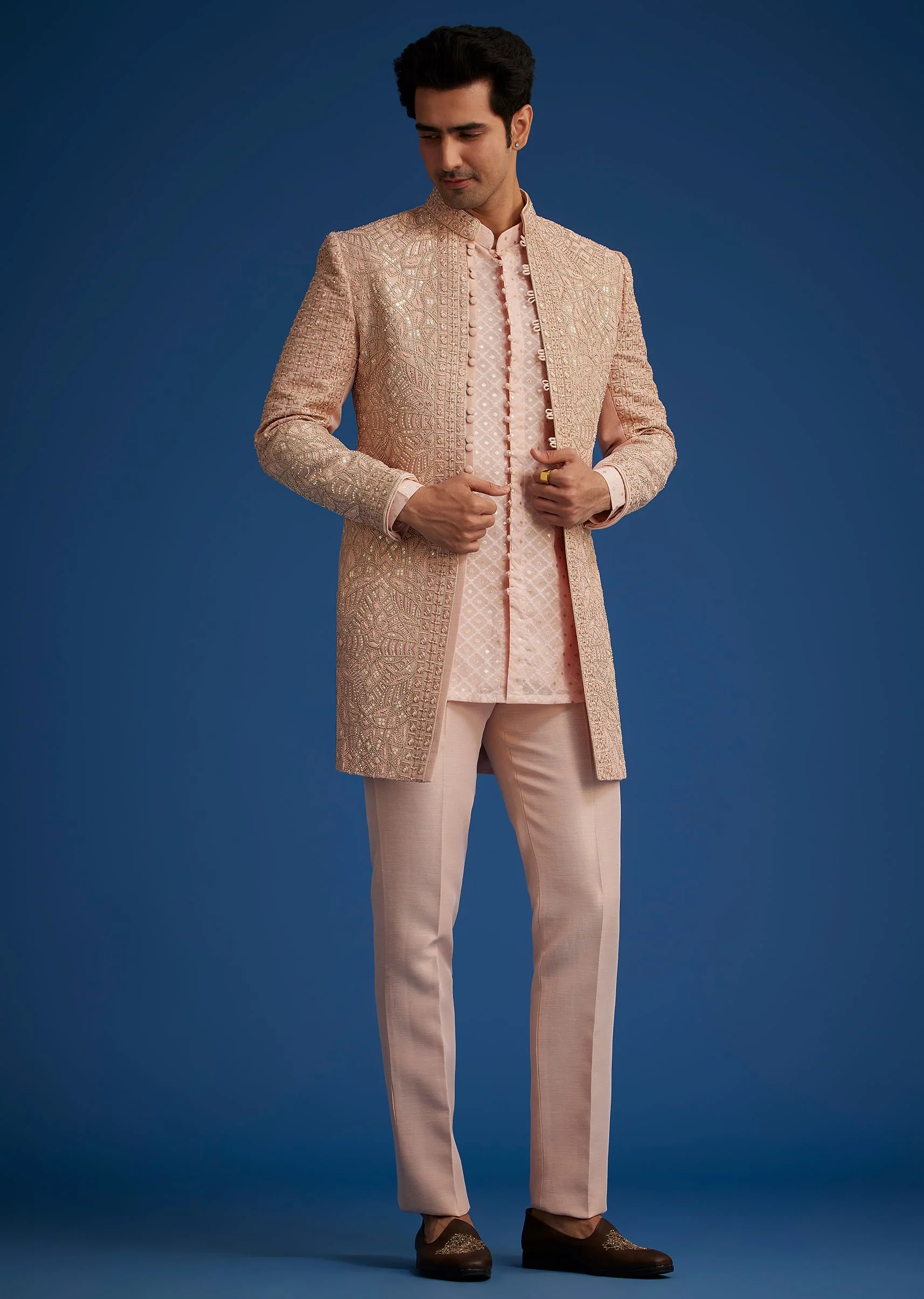 Baby Pink Silk Short Sherwani Set With Zardosi Embroidery - Image 2
