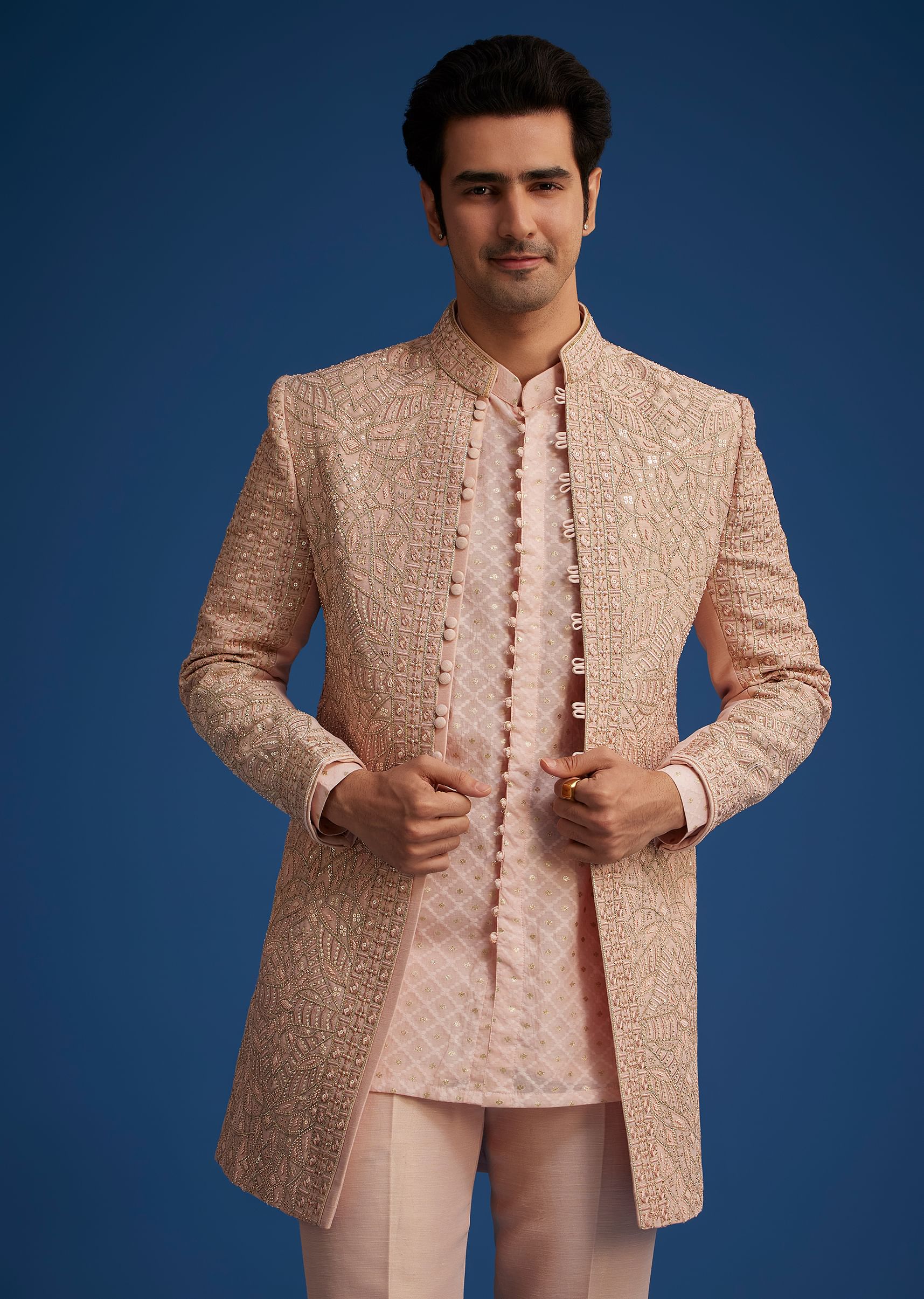 Baby Pink Silk Short Sherwani Set With Zardosi Embroidery - Image 3