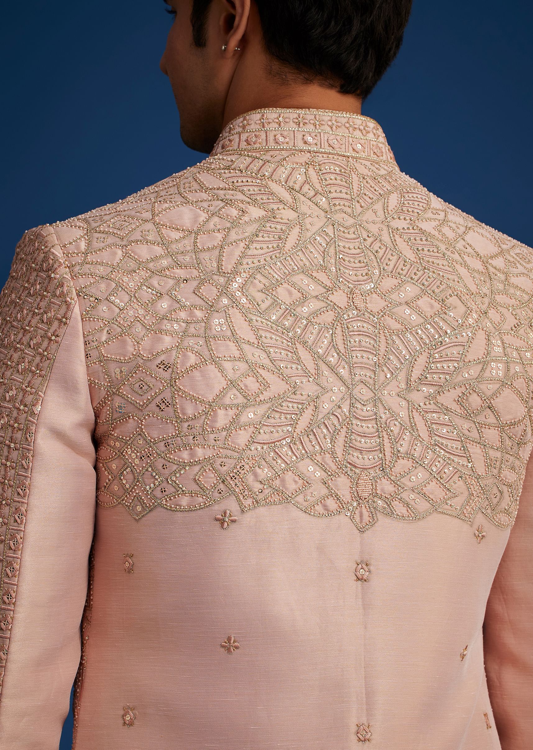 Baby Pink Silk Short Sherwani Set With Zardosi Embroidery - Image 4