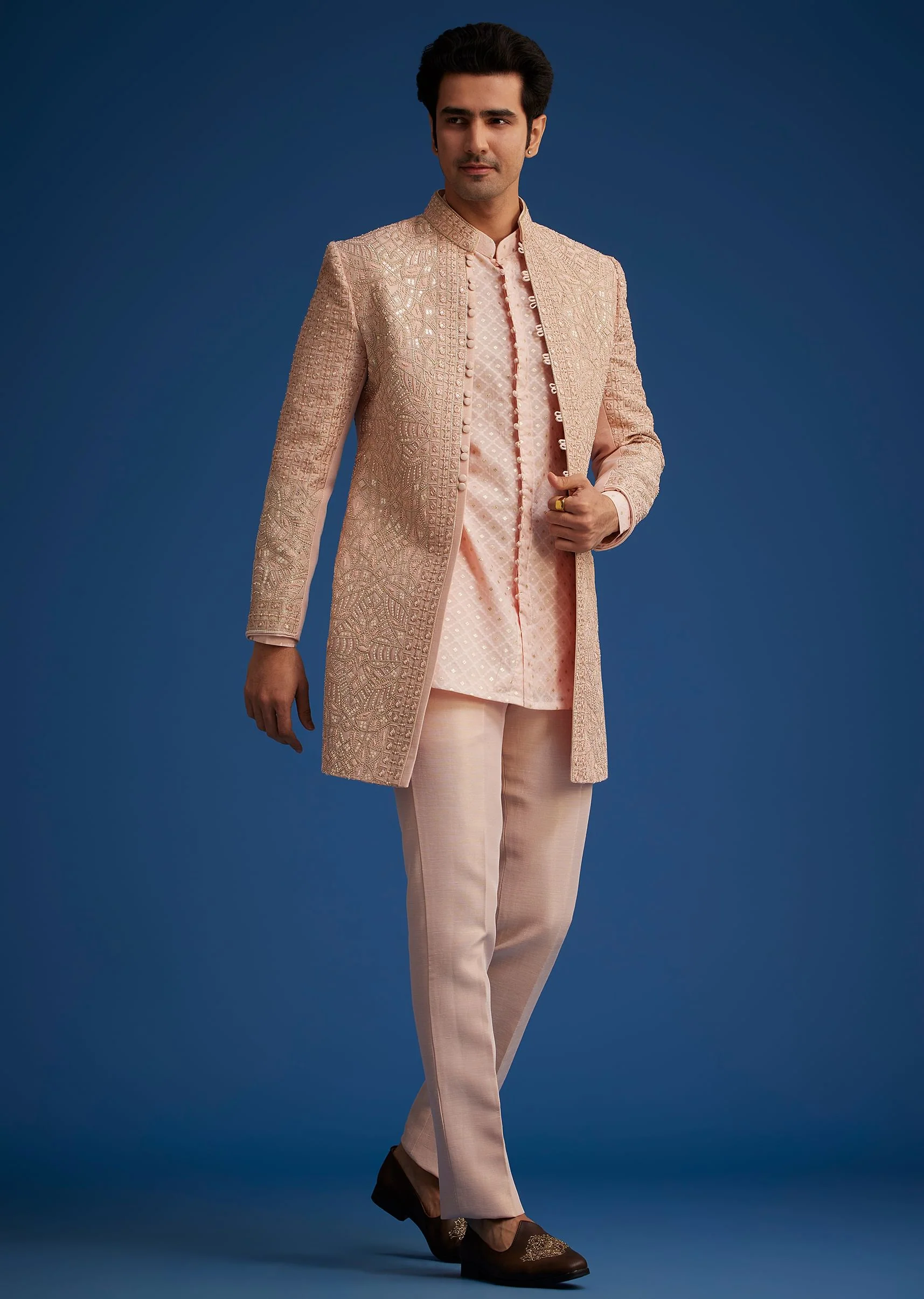 Baby Pink Silk Short Sherwani Set With Zardosi Embroidery - Image 5