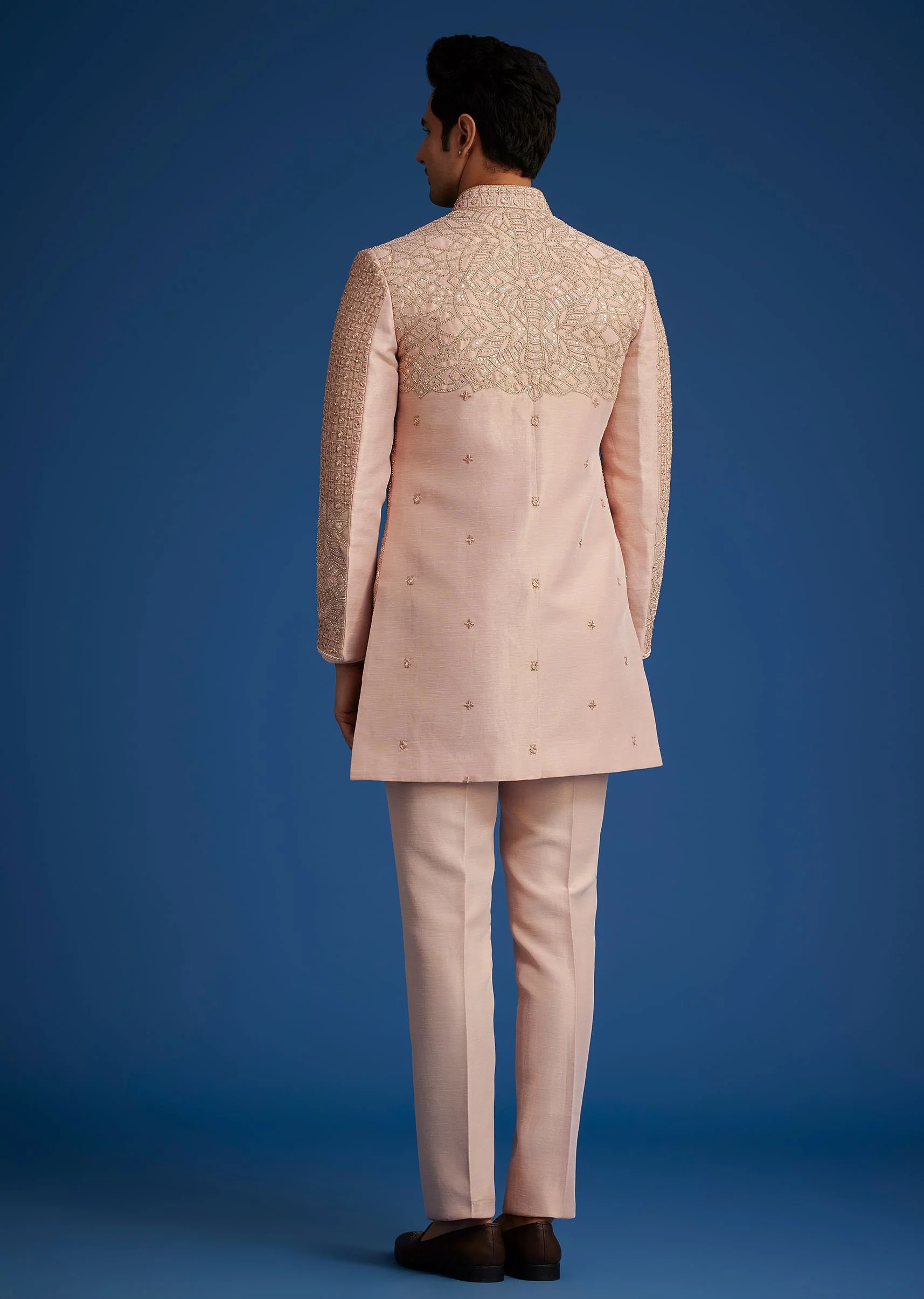 Baby Pink Silk Short Sherwani Set With Zardosi Embroidery - Image 6