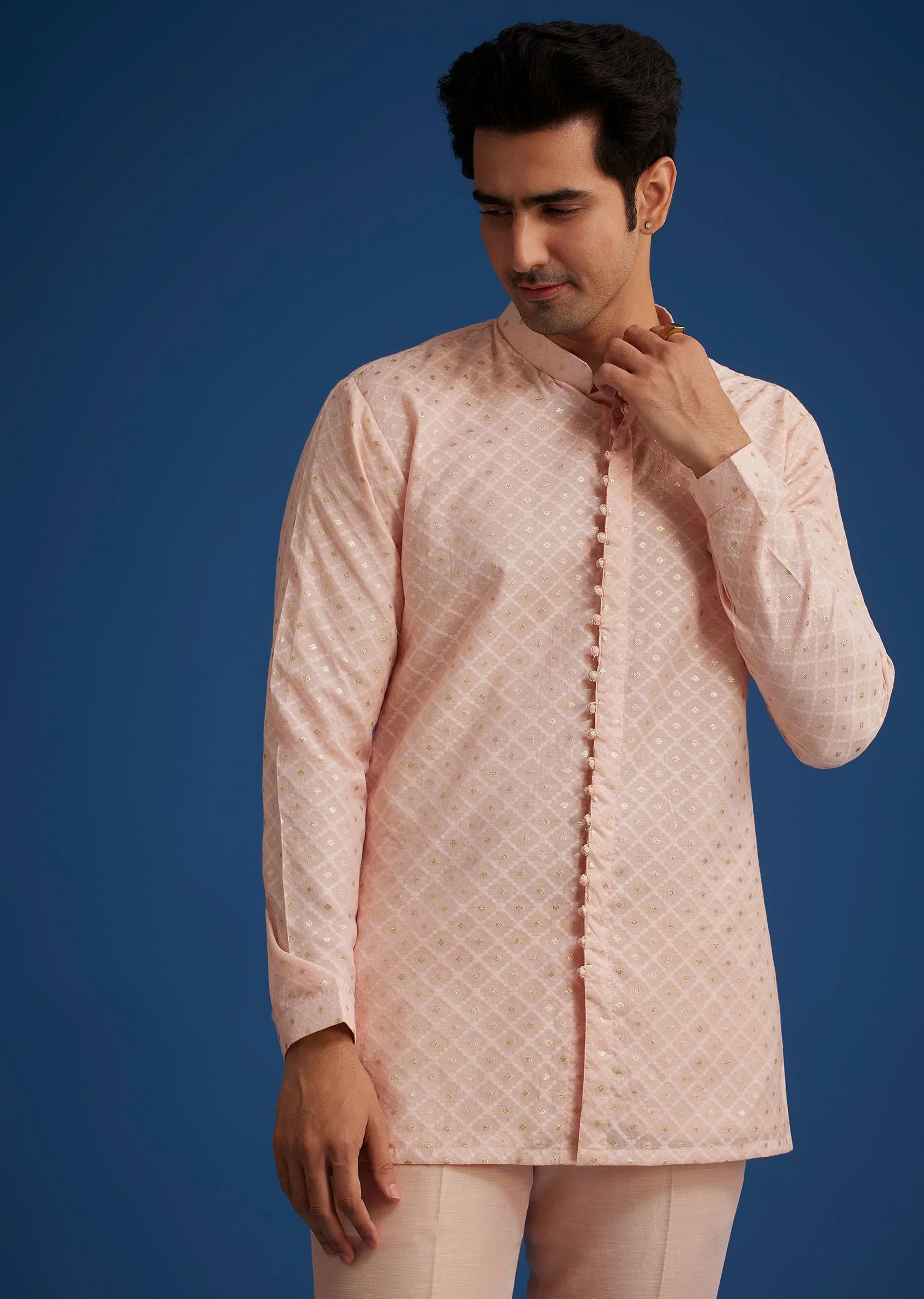 Baby Pink Silk Short Sherwani Set With Zardosi Embroidery - Image 7