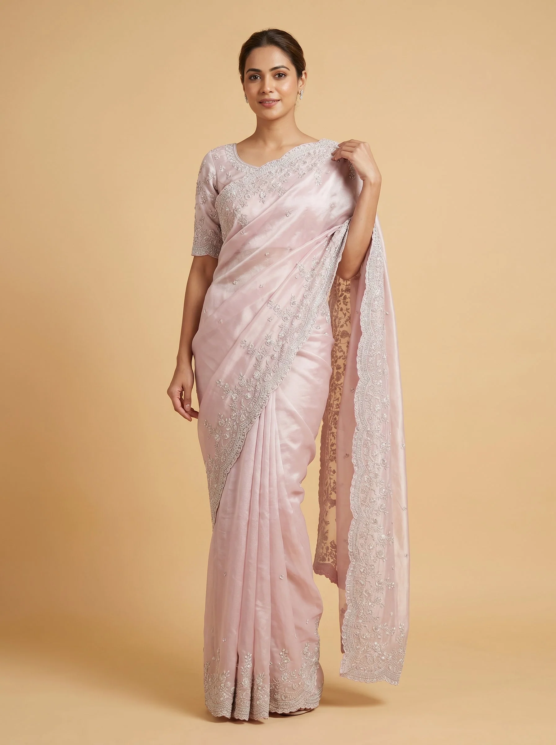 Baby Pink Soft Embroidered Saree