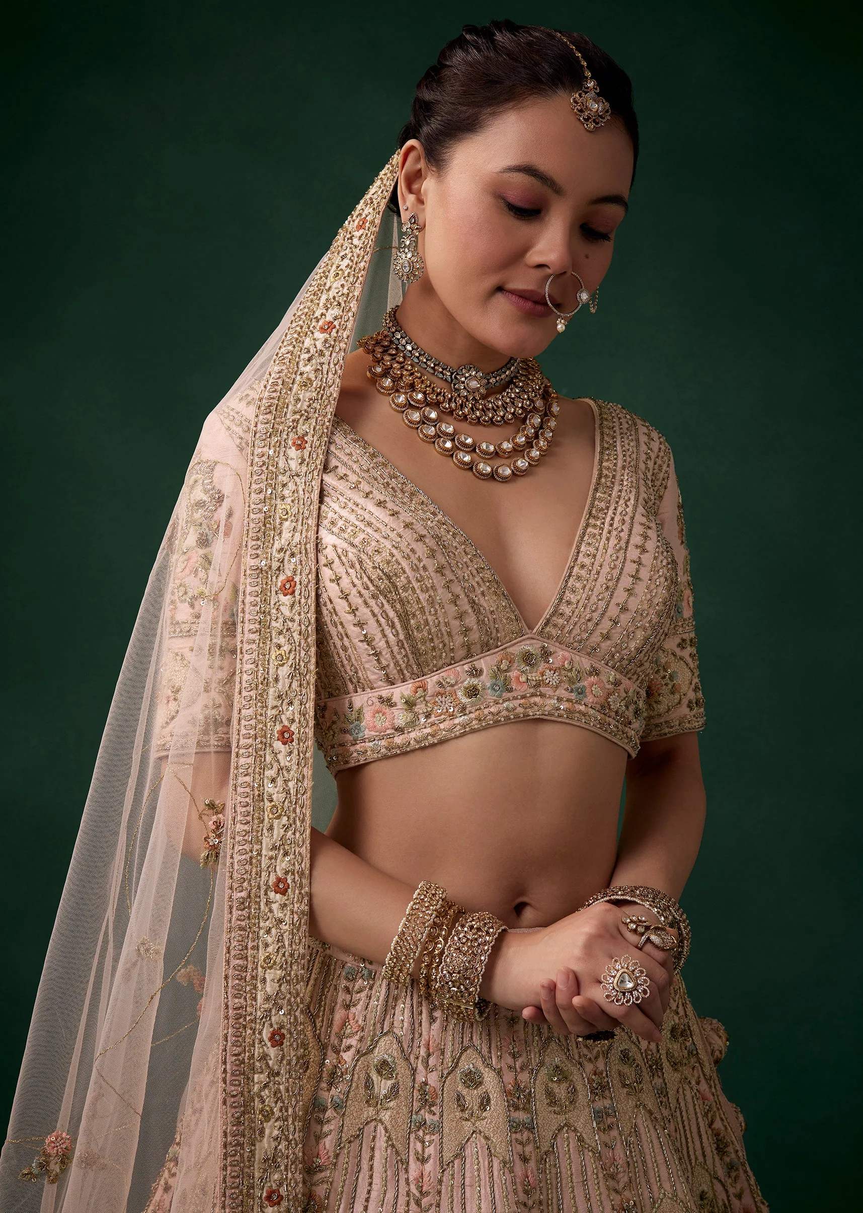 Baby Pink Stone Embroidered Bridal Lehenga Set - Image 3