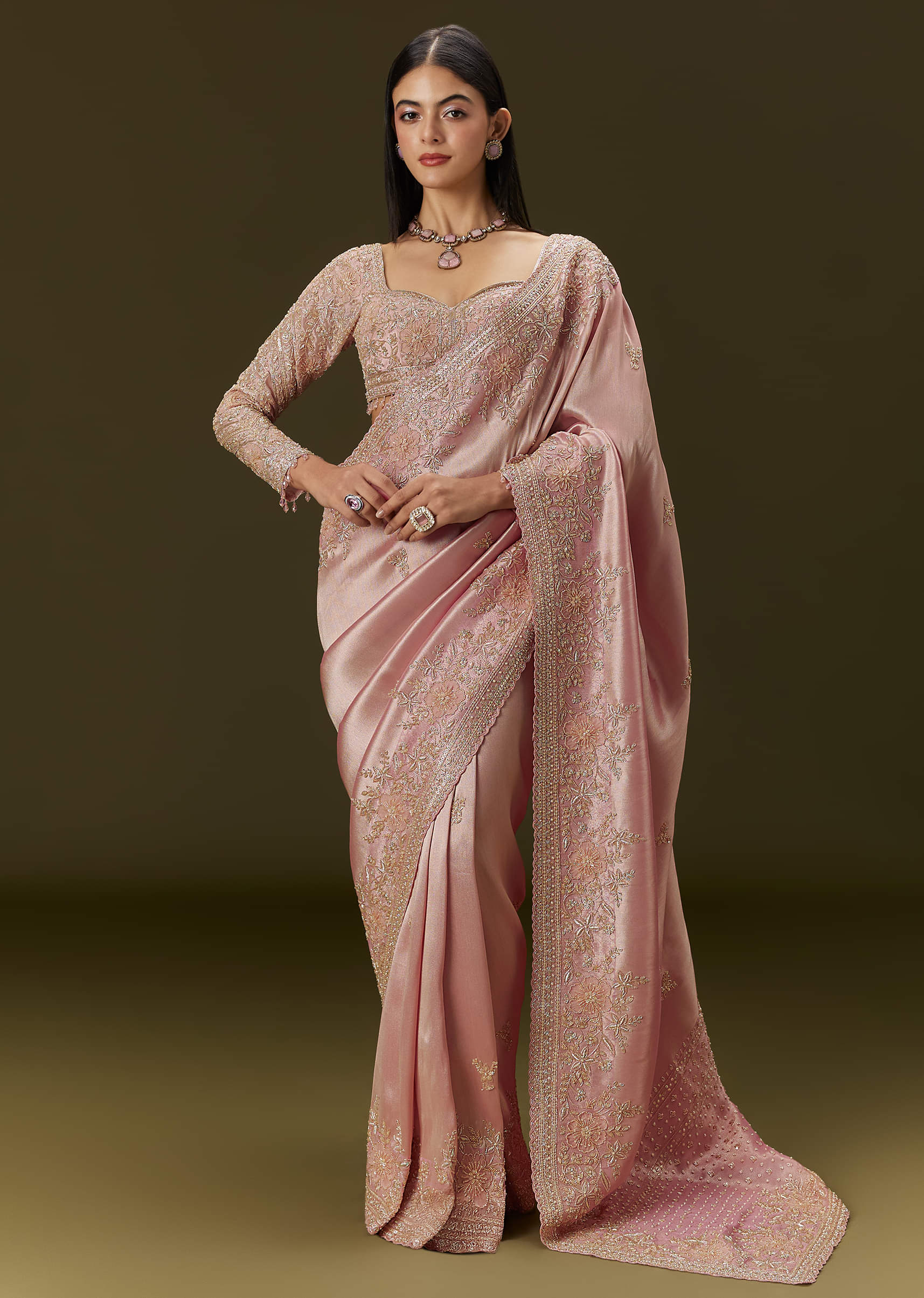 Baby Pink Tissue Saree With Velvet Embroidered Blouse - Image 2