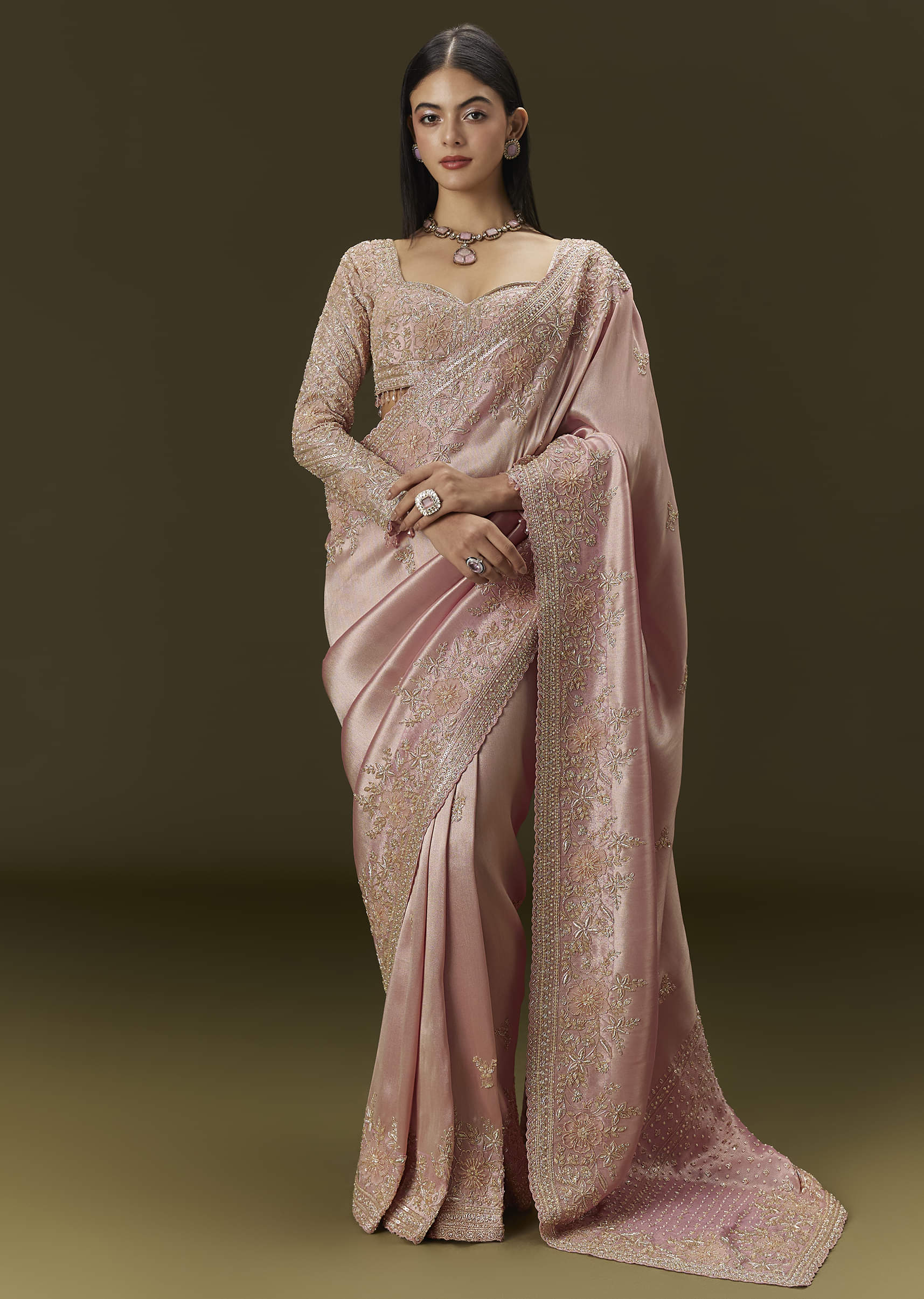 Baby Pink Tissue Saree With Velvet Embroidered Blouse - Image 5
