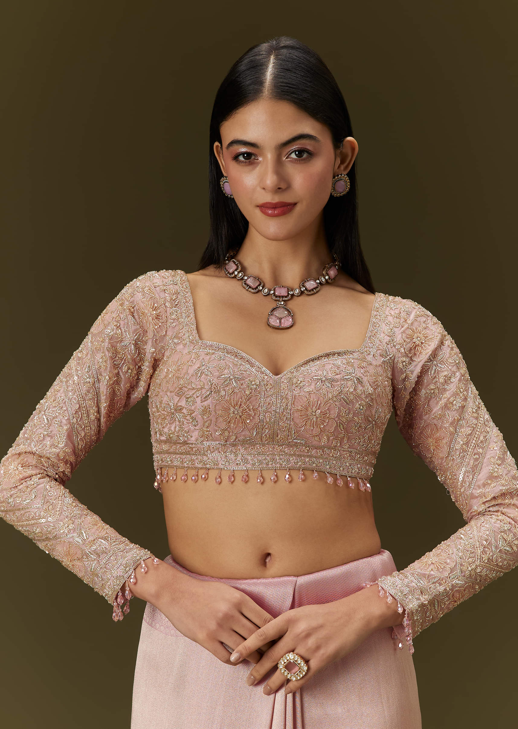 Baby Pink Tissue Saree With Velvet Embroidered Blouse - Image 7