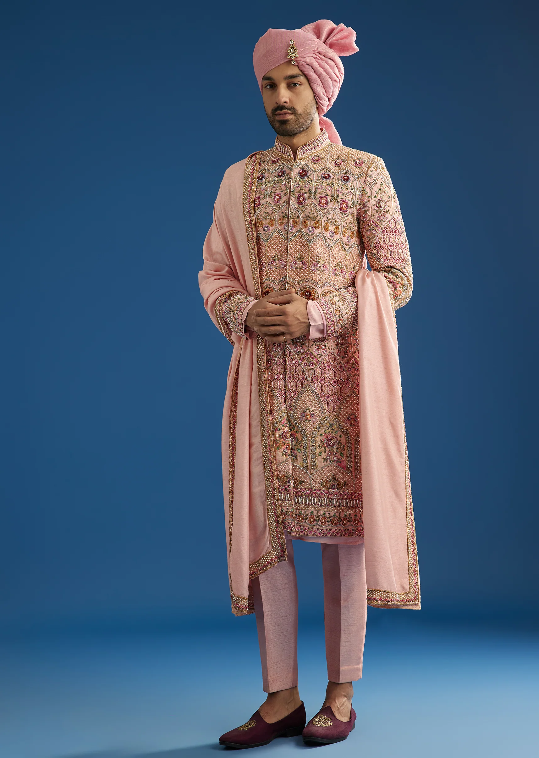 Baby Pink Tussar Sherwani With Cutdana And Tikki Stone Work - Image 3