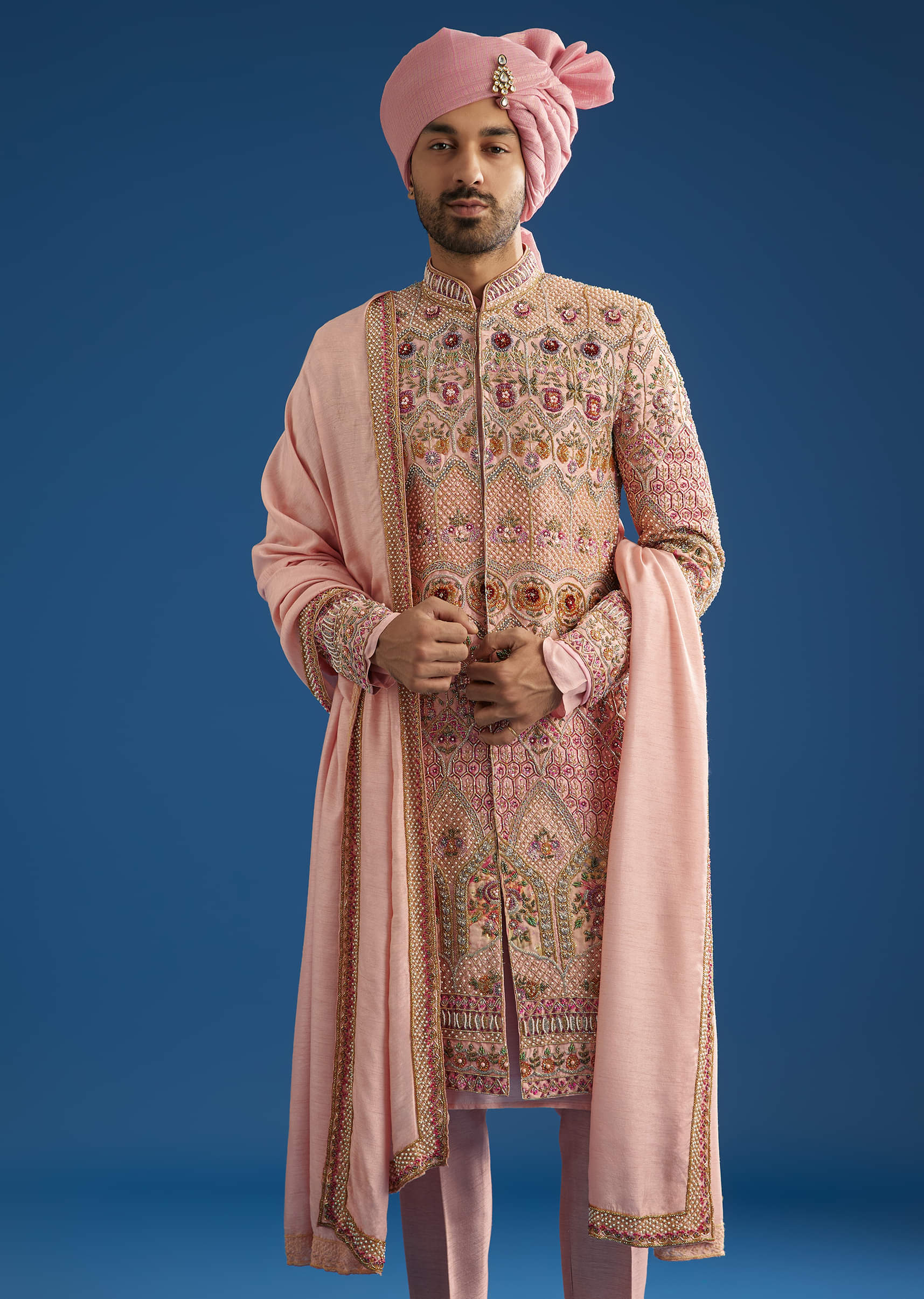 Baby Pink Tussar Sherwani With Cutdana And Tikki Stone Work - Image 4