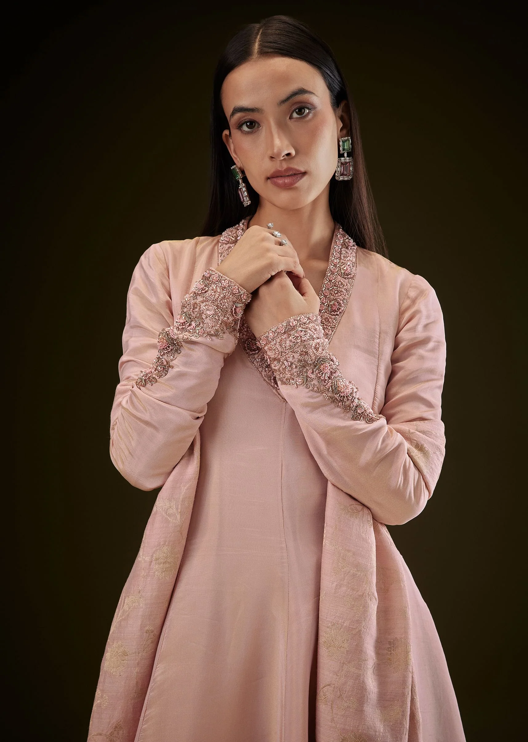 Baby Pink V Neck Anarkali With Printed Dupatta - Image 2