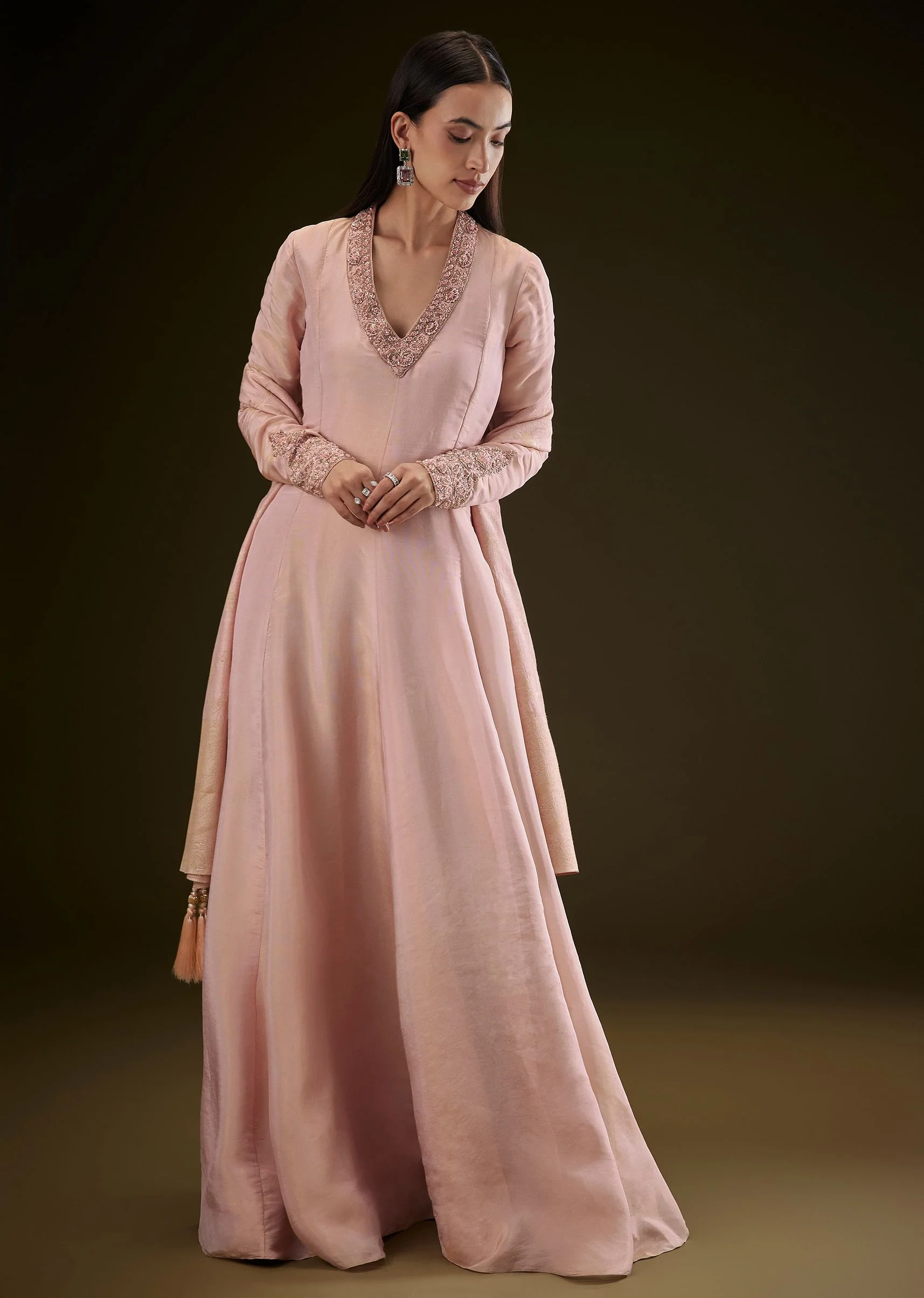 Baby Pink V Neck Anarkali With Printed Dupatta - Image 3